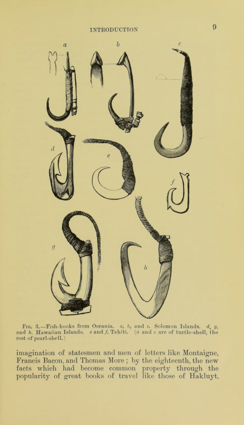 Fig. 3.—Fish-hooks from Oceania, a, b, and c. Solomon Islands, d, g, and h. Hawaiian Islands, c and/. Tahiti. (« and c are of turtle-shell, the rest of pearl-shell.) imagination of statesmen and men of letters like Montaigne, Francis Bacon, and Thomas More ; by the eighteenth, the new facts which had become common property through the popularity of great books of travel like those of Hakluyt,