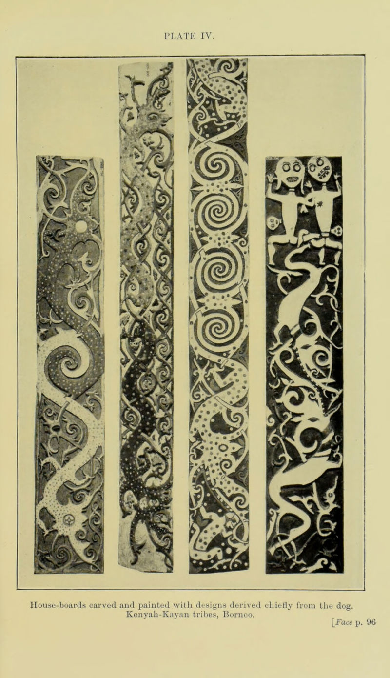 House-boards carved and painted with designs derived chiefly from the dog. Kenyah-Ivayan tribes, Borneo. [Face p.