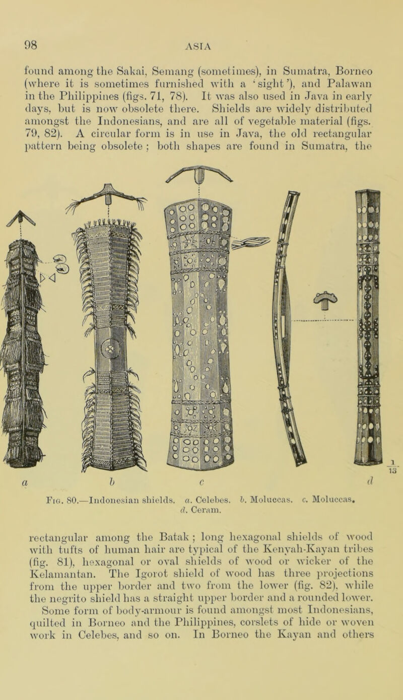 found among the Sakai, Semang (sometimes), in Sumatra, Borneo (where it is sometimes furnished with a ‘sight’), and Palawan in the Philippines (figs. 71, 78). It was also used in Java in early days, but is now obsolete there. Shields are widely distributed amongst the Indonesians, and are all of vegetable material (figs. 79, 82). A circular form is in use in Java, the old rectangular pattern being obsolete ; both shapes are found in Sumatra, the Fig. 80.—Indonesian shields, a. Celebes, b. Moluccas, c. Moluccas. d. Ceram. rectangular among the Batak ; long hexagonal shields of wood with tufts of human hair are typical of the Kenvah-Kayan tribes (fig. 81), hexagonal or oval shields of wood or wicker of the Kelamantan. The Igorot shield of wood has three projections from the upper border and two from the lower (fig. 82). while the negrito shield has a straight upper border and a rounded lower. Some form of body-armour is found amongst most Indonesians, quilted in Borneo and the Philippines, corslets of hide or woven work in Celebes, and so on. In Borneo the Kayan and others