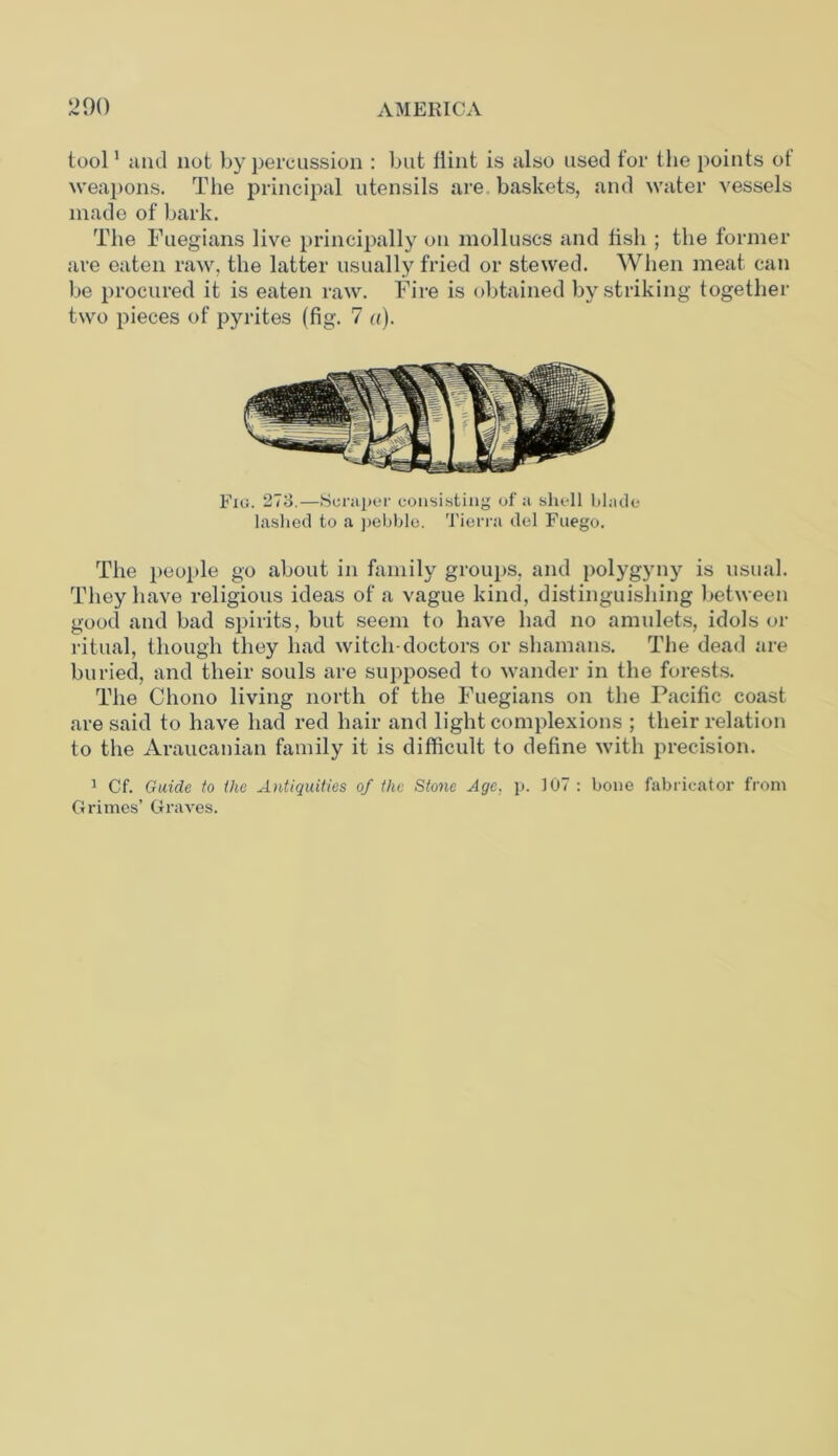 tool1 and not by percussion : but flint is also used for the points ot weapons. The principal utensils are baskets, and water vessels made of bark. The Fuegians live principally on molluscs and tisli ; the former are eaten raw, the latter usually fried or stewed. When meat can be procured it is eaten raw. Fire is obtained by striking together two pieces of pyrites (fig. 7 «). Fig. 273.—Scraper consisting of a shell blade lashed to a pebble. Tierra del Fuego. The people go about in family groups, and polygyny is usual. They have religious ideas of a vague kind, distinguishing between good and bad spirits, but seem to have had no amulets, idols or ritual, though they had witch-doctors or shamans. The dead are buried, and their souls are supposed to wander in the forests. The Chono living north of the Fuegians on the Pacific coast are said to have had red hair and light complexions ; their relation to the Araucanian family it is difficult to define with precision. 1 Cf. Guide to the Antiquities of the Stone Age, p. 107 : bone fabricator from Grimes’ Graves.