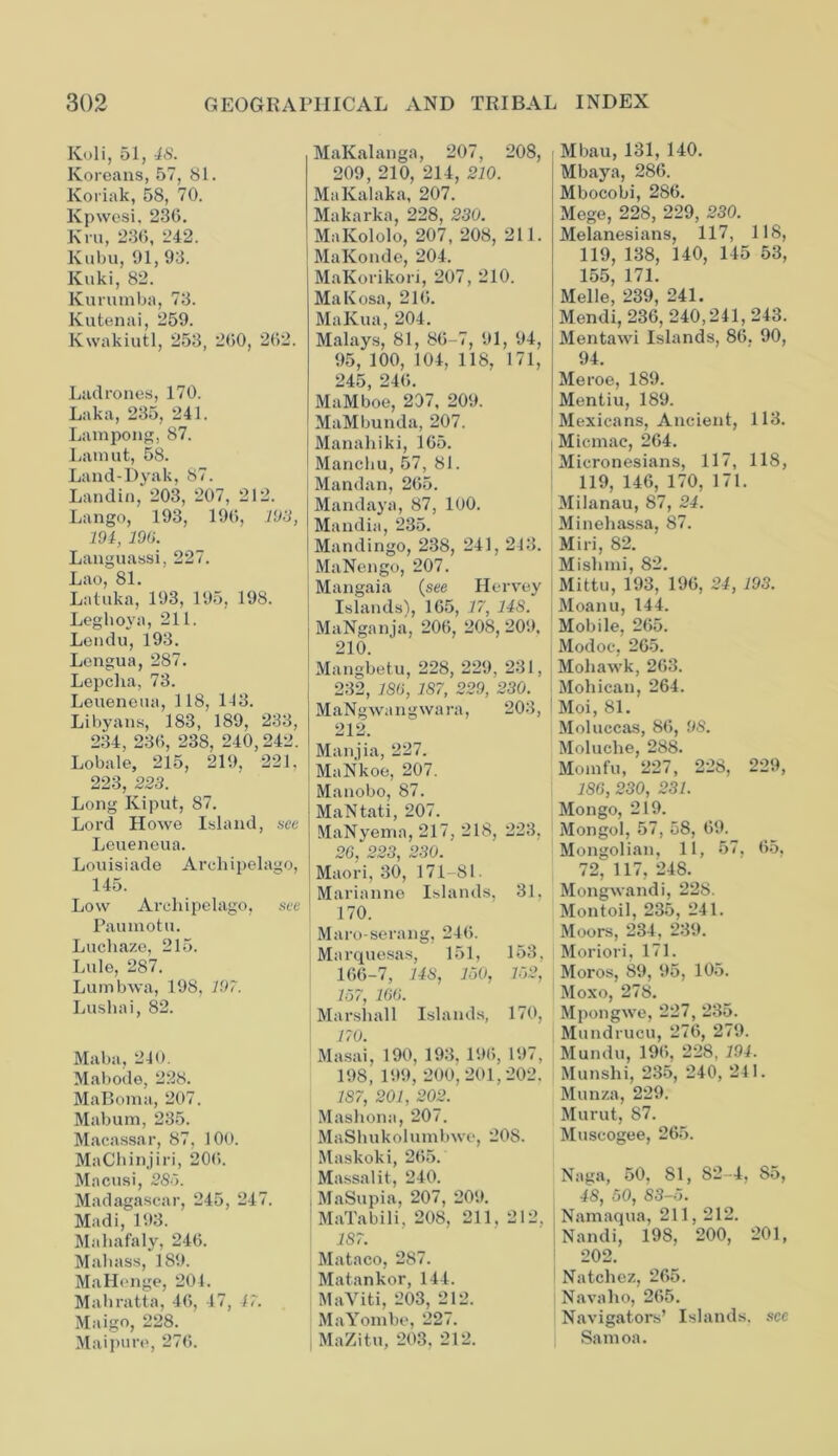 Koli, 51, 48. Koreans, 57, 81. Koriak, 58, 70. Kpwesi. 236. Kru, 236, 242. Kubu, 91, 93. Kuki, 82. Kurumba, 73. Kutenai, 259. Kwakiutl, 253, 260, 262. Ladrones, 170. Laka, 235, 241. Lampong, 87. Lamut, 58. Land-Dyak, 87. Landin, 203, 207, 212. Lango, 193, 196, 193, 194, 196. Languassi, 227. Lao, 81. Latuka, 193, 195, 198. Leghova, 211. Lendu, 193. Lengua, 287. Lepclia, 73. Leueneua, 118, 143. Libyans, 183, 189, 233, 234, 236, 238, 240,242. Lobale, 215, 219, 221, 223, 223. Long Kiput, 87. Lord Howe Island, sec Leueneua. Louisiade Archipelago, 145. Low Archipelago, see Paumotu. Lucliaze, 215. Lule, 287. Lumbwa, 198, 197. Lushai, 82. Maba, 240. Mabode, 228. MaBoma, 207. Mabum, 235. Macassar, 87, 100. MaChinjiri, 206. Macusi, 283. Madagascar, 245, 247. Madi, 193. Mahafaly, 246. Mali ass, 189. MaHonge, 201. Mahratta, 46, 47, 47. Maigo, 228. Maipure, 276. MaKalanga, 207, 208, 209, 210, 214, 210. MaKalaka, 207. Makarka, 228, 230. MaKololo, 207, 208, 211. MaKonde, 204. MaKorikori, 207, 210. MaKosa, 216. MaKua, 204. Malays, 81, 86-7, 91, 94, 95, 100, 104, 118, 171, 245, 246. MaMboe, 207, 209. MaMbunda, 207. Manahiki, 165. Manchu, 57, 81. Mandan, 265. Mandaya, 87, 100. Mandia, 235. Mandingo, 238, 241, 243. MaNengo, 207. j Mangaia (see Hervey Islands), 165, 17, 14S. MaNganja, 206, 208, 209. 210. Mangbetu, 228, 229, 231, 232, 186, 187, 229, 230. MaNgwangwara, 203, 212. Manjia, 227. MaNkoe, 207. Manobo, 87. MaNtati, 207. MaNyema, 217, 218, 223, 26, 223, 230. Maori, 30, 171-81. Marianne Islands, 31. 170. Maro-serang, 246. Marquesas, 151, 153, 166-7, 148, 150, 132, 137, 166. Marshall Islands, 170, 170. Masai, 190, 193, 196, 197, 198, 199, 200,201,202. 187, 201, 202. Mashona, 207. MaShukolumbwe, 208. i Maskoki, 265. : Massalit, 240. j MaSupia, 207, 209. MaTabili. 208, 211. 212, 187. Mataco, 287. ! Matankor, 144. MaViti, 203, 212. MaYombe, 227. MaZitu, 203, 212. Mlmu, 131, 140. Mbaya, 286. Mbocobi, 286. Mege, 228, 229, 230. Melanesians, 117, 118, 119, 138, 140, 145 53, 155, 171. Melle, 239, 241. Mendi, 236, 240,241,243. Mentawi Islands, 86. 90, 94. Me roe, 189. Mentiu, 189. Mexicans, Ancient, 113. Micmac, 264. Micronesians, 117, 118, 119, 146, 170, 171. Milanau, 87, 24. Minehassa, 87. Miri, 82. Mishmi, 82. Mittu, 193, 196, 24, 193. Moanu, 144. Mobile, 265. Modoc, 265. Mohawk, 263. Mohican, 264. Moi, 81. Moluccas, 86, 98. Moluche, 288. Momfu, 227, 228, 229, 186, 230, 231. Mongo, 219. Mongol, 57, 58, 69. Mongolian, 11, 57, 65, 72, 117, 248. Mongwandi, 228. Montoil, 235, 241. Moors, 234, 239. Moriori, 171. Moros, 89, 95, 105. Moxo, 278. Mpongwe, 227, 235. Mundrucu, 276, 279. Mundu, 196, 228, 194. Munshi, 235, 240, 241. Munza, 229. Murut, 87. Muscogee, 265. Naga, 50, 81, 82-4, S5, 48, 50, 83-5. Namaqua, 211,212. Nandi, 198, 200, 201, 202. Natchez, 265. Navaho, 265. Navigators’ Islands, see Samoa.
