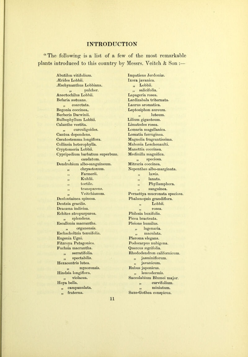 “ The following is a list of a few of the most remarkable plants introduced to this country by Messrs. Veitch & Son :— Abutilon vitifolium. brides Lobbii. .iEschynanthus Lobbiana. „ pulcher. Anectochilus Lobbii. Befaria sestuans. „ coarctata. Begonia coccinea. Berberis Darwinii. Bulbophyllum Lobbii. Calanthe vestita. „ curculigoides. Cantna dependens. Ceratostemma longiflora. Collinsia heterophylla. Cryptomeria Lobbii. Cypripediura barbatum superbum. „ caudatum. Dendrobium albo-sanguineum. „ chrysotoxum. „ Farmerii. „ Kuhlii. „ tortile. „ transparens. „ Veitchianum. Desfontainea spinosa. Deutzia gracilis. Dracaena indivisa. Echites atropurpurea. „ splendens. Escallonia macrantha. „ organensis. Eschscholtzia tenuifolia. Eugenia Ugni. Fitzroya Patagonica. Fuchsia macrantha. „ serratifolia. „ spectabilis. Hexacentris lutea. „ mysorensis. Hindsia longiflora. „ violacea. Hoya bella. „ campanulata. „ fraterna. Impatiens Jerdonise. Ixora javanica. „ Lobbii. ,, salicifolia. Lapageria rosea. Lardizabala triternata. Laurus aromatica. Leptosiphon aureum. „ luteum. Lilium giganteum. Limatodes rosea. Lomaria magellanica. Lomatia ferruginea. Magnolia fragrantissima. Mahonia Leschenaulti. Manettia coccinea. Medinilla magnifica. „ speciosa. Mitraria coccinea. Nepenthes albo-marginata. „ Isevis. „ lanata. „ Phyllamphora. „ sanguinea. Pernettya mucronata speciosa. Phalsenopsis grandiflora. „ Lobbii. „ rosea. Philesia buxifolia. Picea bracteata. Pleione humilus. „ lagenaria. „ maculata. Pleroma elegans. Podocarpus nubigena. Quercus segrifolia. Rhododendron californicum. „ jasminiflorum. „ javanicum. Rubus japonicus. „ leucodermis. Saccolabium Blumei major. „ curvifolium. „ miniatum. Saxe-Gothea conspicua.