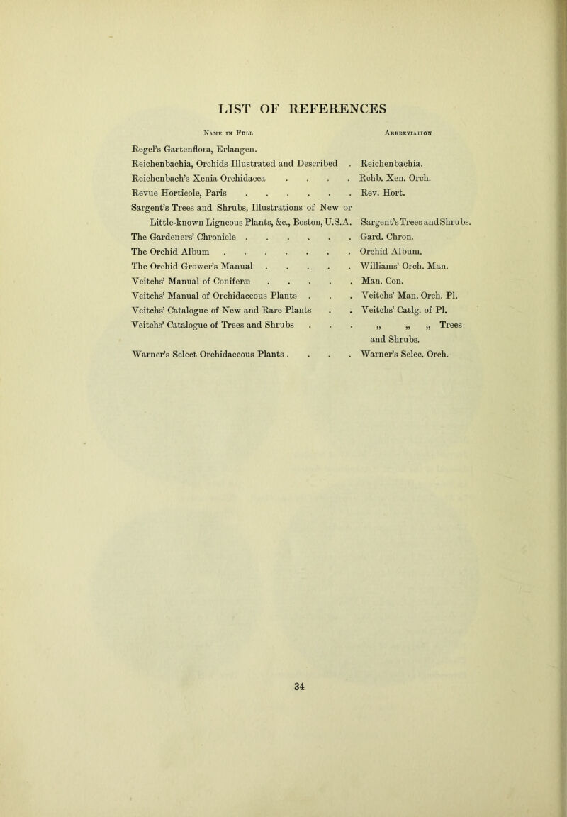 Name in Full Abbreviation Regel’s Gartenflora, Erlangen. Reichenbachia, Orchids Illustrated and Described Reichenbach’s Xenia Orchidacea .... Revue Horticole, Paris Sargent’s Trees and Shrubs, Illustrations of New or Little-known Ligneous Plants, &c., Boston, U.S.A. The Gardeners’ Chronicle The Orchid Album The Orchid Grower’s Manual Veitchs’ Manual of Coniferse . . . . . Veitchs’ Manual of Orchidaceous Plants Veitchs’ Catalogue of New and Rare Plants Veitchs’ Catalogue of Trees and Shrubs Warner’s Select Orchidaceous Plants .... Reichenbachia. Rchb. Xen. Orch. Rev. Hort. Sargent’s Trees and Shrubs. Gard. Chron. Orchid Album. Williams’ Orch. Man. Man. Con. Veitchs’ Man. Orch. PI. Veitchs’ Catlg. of PI. „ „ „ Trees and Shrubs. Warner’s Selec. Orch.