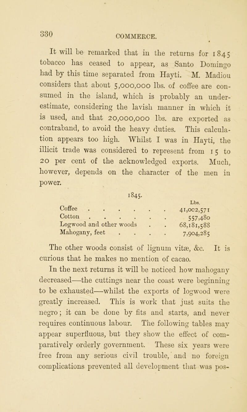 It will be remarked that in the returns for 1845 tobacco has ceased to appear, as Santo Domingo had by this time separated from Hayti. M. Madiou considers that about 5,000,000 lbs. of coffee are con- sumed in the island, which is probably an under- estimate, considering the lavish manner in which it is used, and that 20,000,000 lbs. are exported as contraband, to avoid the heavy duties. This calcula- tion appears too high. Whilst I was in Hayti, the illicit trade was considered to represent from 15 to 20 per cent of the acknowledged exports. Much, however, depends on the character of the men in power. 1845- Coffee .... Cotton .... Logwood and other woods Mahogany, feet Lbs. 41,002,571 557,480 68,181,588 7,904,285 The other woods consist of lignum vitae, &c. It is curious that he makes no mention of cacao. In the next returns it will be noticed how mahogany decreased—the cuttings near the coast were beginning to be exhausted—whilst the exports of logwood were greatly increased. This is work that just suits the negro; it can be done by fits and starts, and never requires continuous labour. The following tables may appear superfluous, but they show the effect of com- paratively orderly government. These six years were free from any serious civil trouble, and no foreign complications prevented all development that was pos-