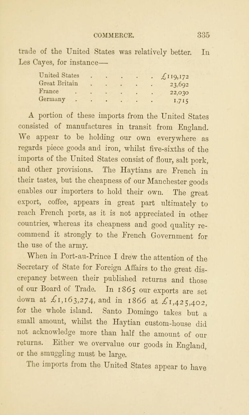 trade of the United States was relatively better. In Les Cayes, for instance— United States Great Britain France Germany £II9>172 23,692 22,030 i-7t5 A portion of these imports from the United States consisted of manufactures in transit from England. W e appear to be holding our own everywhere as regards piece goods and iron, whilst five-sixths of the imports of the United States consist of flour, salt pork, and other provisions. The Haytians are French in their tastes, but the cheapness of our Manchester goods enables our importers to hold their own. The great export, coffee, appears in great part ultimately to reach French ports, as it is not appreciated in other countries, whereas its cheapness and good quality re- commend it strongly to the French Government for the use of the army. When in Port-au-Prince I drew the attention of the Secretary of State for Foreign Affairs to the great dis- crepancy between their published returns and those of our Board of Trade. In 1865 our exports are set down at £1,163,274, and in 1866 at £1,425,402, for the whole island. Santo Domingo takes but a small amount, whilst the Haytian custom-house did not acknowledge more than half the amount of our returns. Eitbei we overvalue our goods in England or the smuggling must be large. The imports from the United States appear to have