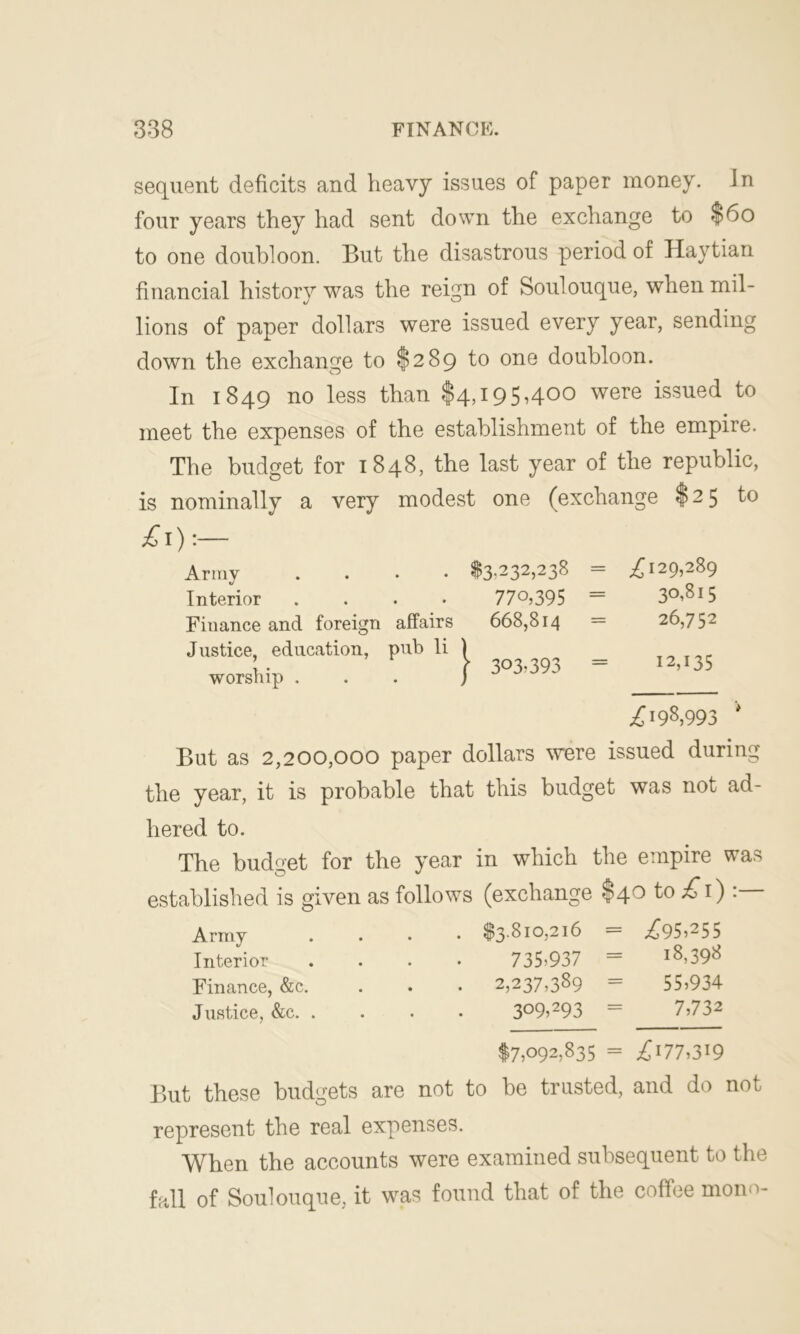 sequent deficits and heavy issues of paper money. In four years they had sent down the exchange to $60 to one doubloon. But the disastrous period of Haytian financial history was the reign of Soulouque, when mil- lions of paper dollars were issued every year, sending down the exchange to $289 to one doubloon. In 1849 no less than $4,195,400 were issued to meet the expenses of the establishment of the empire. The budget for 1848, the last year of the republic, is nominally a very modest one (exchange $25 to £1):— Army Interior Finance and foreign affairs Justice, education, pub li worship . £193,993 V But as 2,200,000 paper dollars were issued during the year, it is probable that this budget was not ad- hered to. The budget for the year in which the empire was established is given as follows (exchange $4° to £1) : Army .... $3,810,216 = £95,255 Interior .... 735>937 = I3,393 Finance, &c. . . • 2,237,339 = 55,934 Justice, &c. .... 3°9,293 = 7?732 } .232,238 770,395 668,814 £129,289 30,815 26,752 303-393 = I2’x35 7,092,835 = £i77,3i9 But these budgets are not to be trusted, and do not represent the real expenses. When the accounts were examined subsequent to the fall of Soulouque, it was found that of the coffee mono-