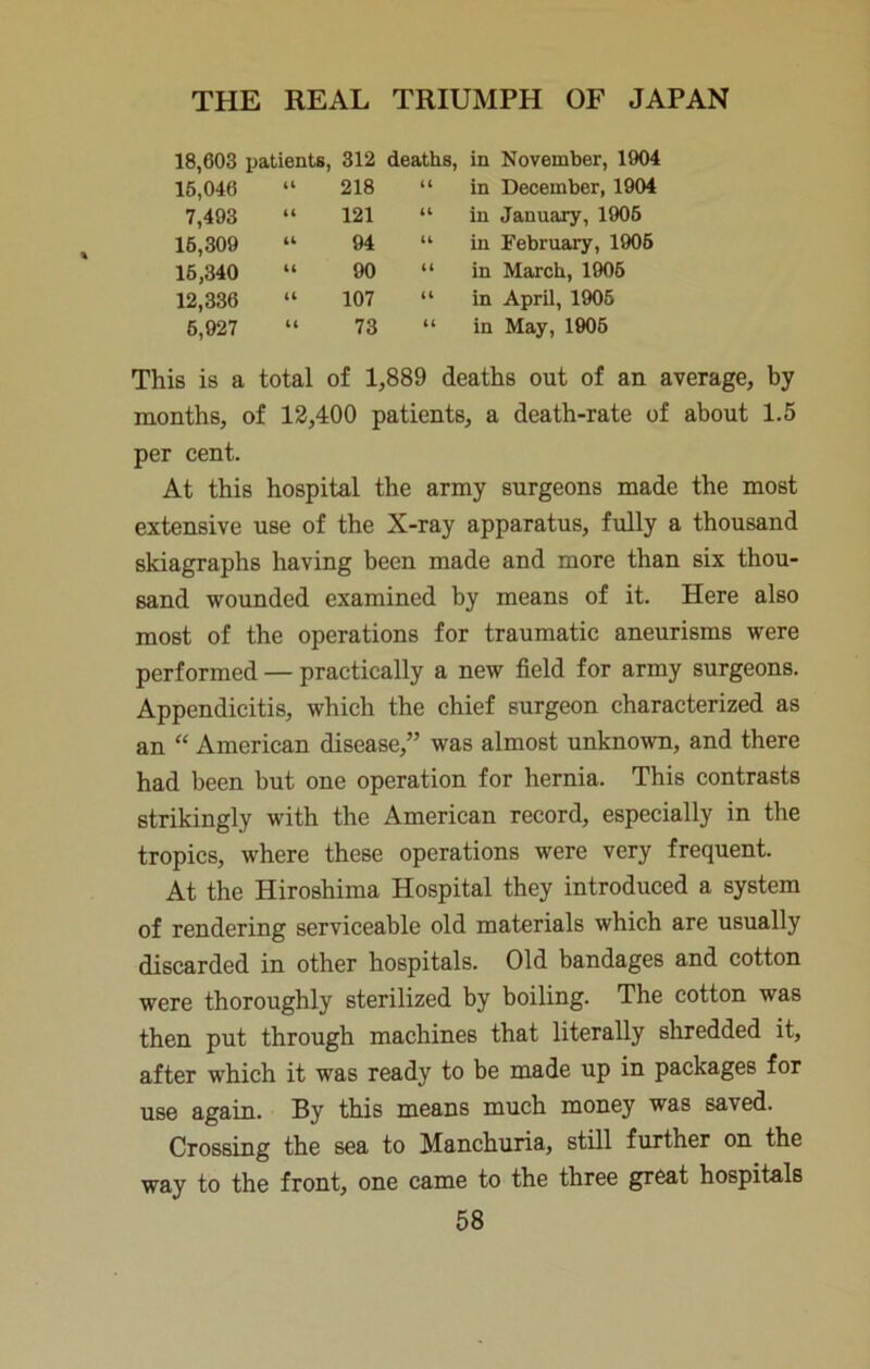 18,603 patients, 312 deaths, in November, 1904 16,046 U 218 “ in December, 1904 7,493 (t 121 “ in January, 1906 16,309 ic 94 “ in February, 1906 16,340 u 90 “ in March, 1906 12,336 107 “ in April, 1905 6,927 44 73 “ in May, 1905 This is a total of 1,889 deaths out of an average, by months, of 12,400 patients, a death-rate of about 1.5 per cent. At this hospital the army surgeons made the most extensive use of the X-ray apparatus, fully a thousand skiagraphs having been made and more than six thou- sand wounded examined by means of it. Here also most of the operations for traumatic aneurisms were performed — practically a new field for army surgeons. Appendicitis, which the chief surgeon characterized as an “ American disease,” was almost unknown, and there had been but one operation for hernia. This contrasts strikingly with the American record, especially in the tropics, where these operations were very frequent. At the Hiroshima Hospital they introduced a system of rendering serviceable old materials which are usually discarded in other hospitals. Old bandages and cotton were thoroughly sterilized by boiling. The cotton was then put through machines that literally shredded it, after which it was ready to be made up in packages for use again. By this means much money was saved. Crossing the sea to Manchuria, still further on the way to the front, one came to the three great hospitals