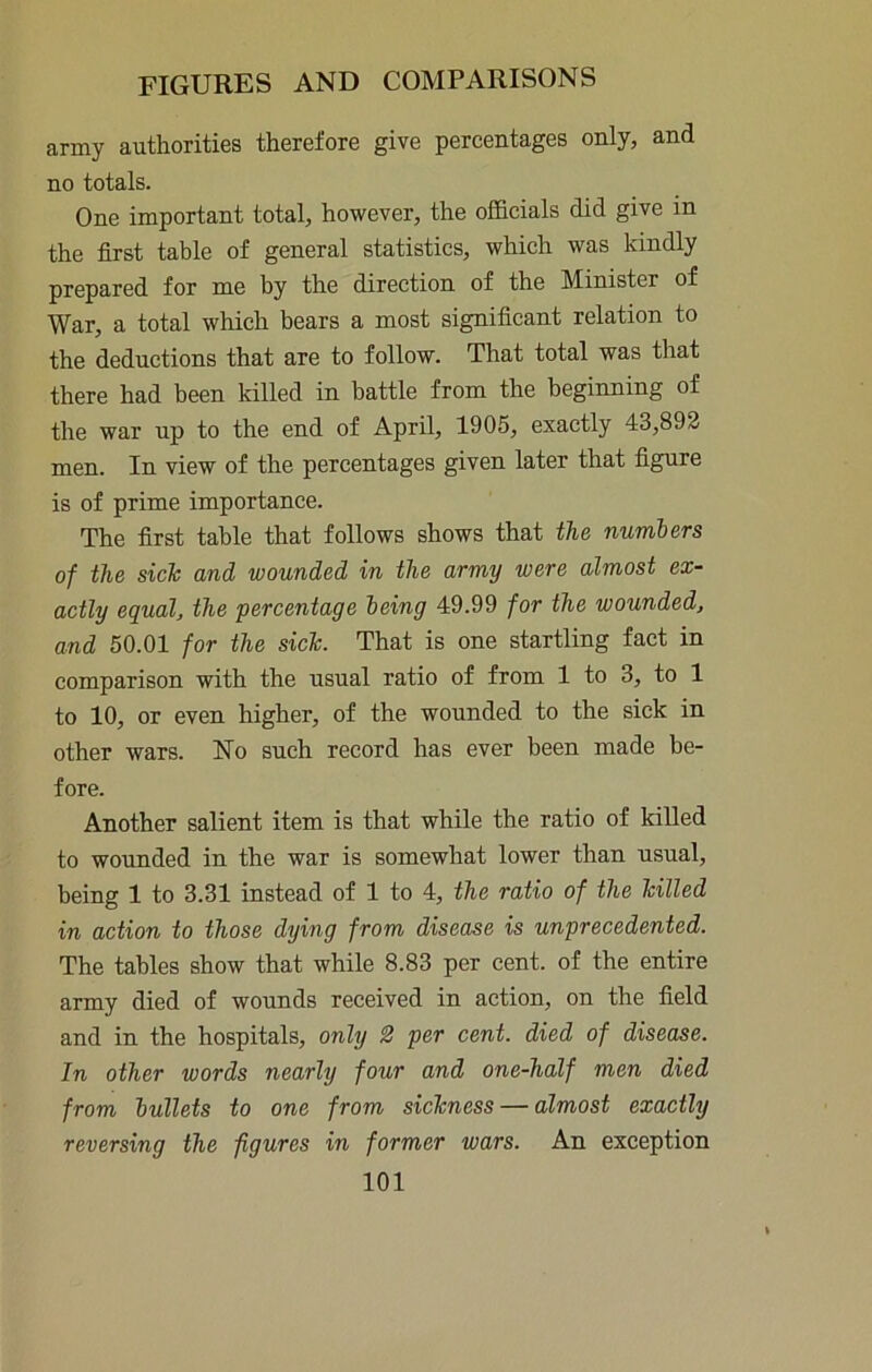 army authorities therefore give percentages only, and no totals. One important total, however, the officials did give in the first table of general statistics, which was kindly prepared for me by the direction of the Minister of War, a total which hears a most significant relation to the deductions that are to follow. That total was that there had been killed in battle from the beginning of the war up to the end of April, 1905, exactly 43,892 men. In view of the percentages given later that figure is of prime importance. The first table that follows shows that the numbers of the sich and wounded in the army were almost ex- actly equal, the percentage being 49.99 for the wounded, and 50.01 for the side. That is one startling fact in comparison with the usual ratio of from 1 to 3, to 1 to 10, or even higher, of the wounded to the sick in other wars. No such record has ever been made be- fore. Another salient item is that while the ratio of killed to wounded in the war is somewhat lower than usual, being 1 to 3.31 instead of 1 to 4, the ratio of the hilled in action to those dying from disease is unprecedented. The tables show that while 8.83 per cent, of the entire army died of wounds received in action, on the field and in the hospitals, only 2 per cent, died of disease. In other words nearly four and one-half men died from bullets to one from sickness — almost exactly reversing the figures in former wars. An exception