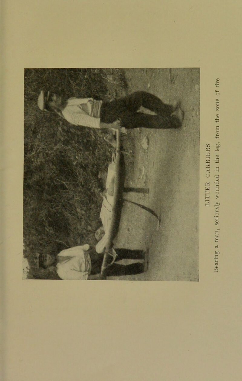 LITTER CARRIERS Bearing a man, seriously wounded in tlie leg, from the zone of lire