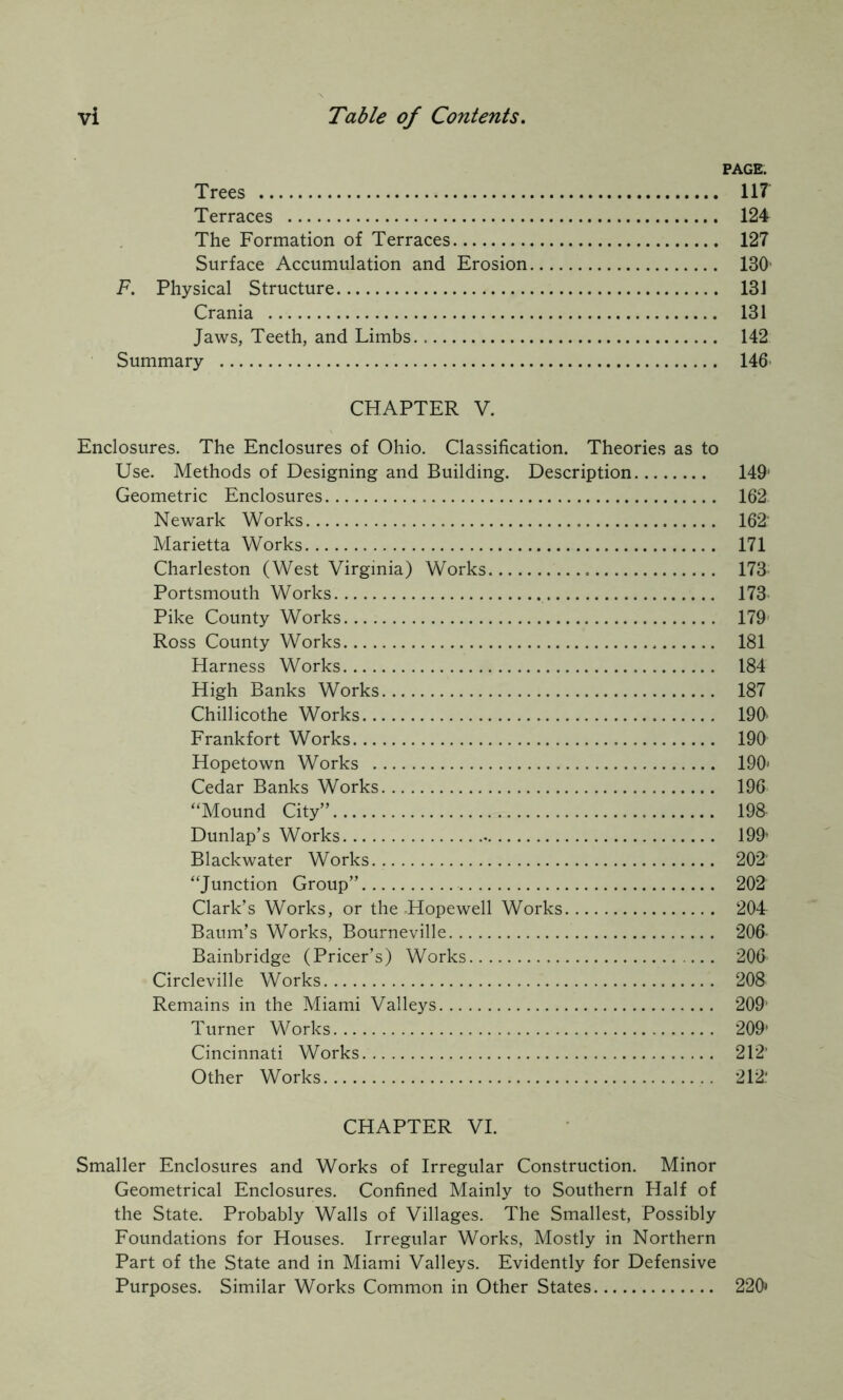 PAGE. Trees 117 Terraces 124 The Formation of Terraces 127 Surface Accumulation and Erosion 130' F. Physical Structure 131 Crania 131 Jaws, Teeth, and Limbs 142 Summary 146 CHAPTER V. Enclosures. The Enclosures of Ohio. Classification. Theories as to Use. Methods of Designing and Building. Description 149' Geometric Enclosures 162 Newark Works 162 Marietta Works 171 Charleston (West Virginia) Works 173 Portsmouth Works 173- Pike County Works 179' Ross County Works 181 Harness Works 184 High Banks Works 187 Chillicothe Works 190' Frankfort Works 190 Hopetown Works 190> Cedar Banks Works 196 “Mound City” 19& Dunlap’s Works 199* Blackwater Works 202 “Junction Group” 202 Clark’s Works, or the-Hopewell Works 204 Baum’s Works, Bourneville 206- Bainbridge (Pricer’s) Works 206 Circleville Works 208 Remains in the Miami Valleys 209- Turner Works 209' Cincinnati Works 212’ Other Works 212: CHAPTER VI. Smaller Enclosures and Works of Irregular Construction. Minor Geometrical Enclosures. Confined Mainly to Southern Half of the State. Probably Walls of Villages. The Smallest, Possibly Foundations for Houses. Irregular Works, Mostly in Northern Part of the State and in Miami Valleys. Evidently for Defensive Purposes. Similar Works Common in Other States 220