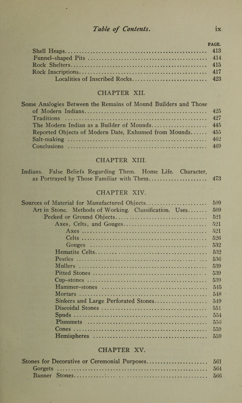 PAGE. Shell Heaps 413 Funnel-shaped Pits 414 Rock Shelters 415 Rock Inscriptions 417 Localities of Inscribed Rocks 423 CHAPTER XII. Some Analogies Between the Remains of Mound Builders and Those of Modern Indians 425 Traditions 427 The Modern Indian as a Builder of Mounds 445 Reported Objects of Modern Date, Exhumed from Mounds 455 Salt-making 462 Conclusions 469 CHAPTER XIII. Indians. False Beliefs Regarding Them. Home Life. Character, as Portrayed by Those Familiar with Them 473 CHAPTER XIV. Sources of Material for Manufactured Objects 509 Art in Stone. Methods of Working. Classification. Uses 509 Pecked or Ground Objects 521 Axes, Celts, and Gouges 521 Axes 521 Celts 526 Gouges 532 Hematite Celts 532 Pestles ... 536 Mullers 539 Pitted Stones 539 Cup-stones 539 Hammer-stones 515 Mortars 548 Sinkers and Large Perforated Stones 519 Discoidal Stones 551 Spuds 554 Plummets 556 Cones 559 Hemispheres 559 CHAPTER XV. Stones for Decorative or Ceremonial Purposes 561 Gorgets 564 Banner Stones '. 566