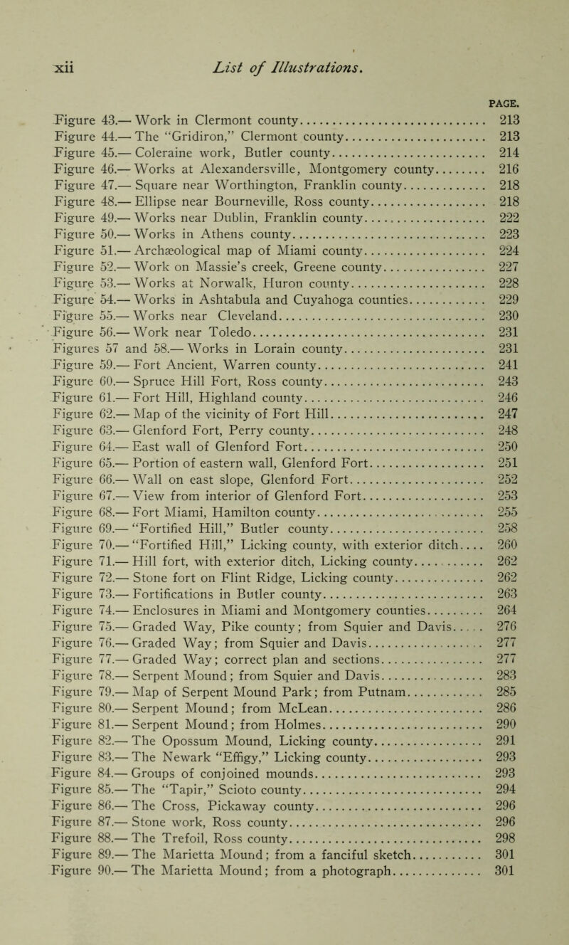 PAGE. Figure 43.— Work in Clermont county 213 Figure 44.— The “Gridiron,” Clermont county 213 Figure 45.— Coleraine work, Butler county 214 Figure 46.— Works at Alexandersville, Montgomery county 216 Figure 47.— Square near Worthington, Franklin county 218 Figure 48.— Ellipse near Bourneville, Ross county 218 Figure 49.— Works near Dublin, Franklin county 222 Figure 50.— Works in Athens county 223 Figure 51.— Archaeological map of Miami county 224 Figure 52.— Work on Massie’s creek, Greene county 227 Figure 53.— Works at Norwalk, Huron county 228 Figure 54.— Works in Ashtabula and Cuyahoga counties 229 Figure 55.— Works near Cleveland 230 Figure 56.— Work near Toledo 231 Figures 57 and 58.— Works in Lorain county 231 Figure 59.— Fort Ancient, Warren county 241 Figure 60.— Spruce Hill Fort, Ross county 243 Figure 61.— Fort Hill, Highland county 246 Figure 62.— Map of the vicinity of Fort Hill 247 Figure 63.— Glenford Fort, Perry county 248 Figure 64.— East wall of Glenford Fort 250 Figure 65.— Portion of eastern wall, Glenford Fort 251 Figure 66.— Wall on east slope, Glenford Fort 252 Figure 67.— View from interior of Glenford Fort 253 Figure 68.— Fort Miami, Hamilton county 255 Figure 69.— “Fortified Hill,” Butler county 258 Figure 70.— “Fortified Hill,” Licking county, with exterior ditch.... 260 Figure 71.— Hill fort, with exterior ditch. Licking county 262 Figure 72.— Stone fort on Flint Ridge, Licking county 262 Figure 73.— Fortifications in Butler county 263 Figure 74.— Enclosures in Miami and Montgomery counties 264 Figure 75.— Graded Way, Pike county; from Squier and Davis 276 Figure 76.— Graded Way; from Squier and Davis 277 Figure 77.— Graded Way; correct plan and sections 277 Figure 78.— Serpent Mound; from Squier and Davis 283 Figure 79.— Map of Serpent Mound Park; from Putnam 285 Figure 80.— Serpent Mound; from McLean 286 Figure 81.— Serpent Mound; from Holmes 290 Figure 82.— The Opossum Mound, Licking county 291 Figure 83.— The Newark “Effigy,” Licking county 293 Figure 84.— Groups of conjoined mounds 293 Figure 85.— The “Tapir,” Scioto county 294 Figure 86.— The Cross, Pickaway county 296 Figure 87.— Stone work, Ross county 296 Figure 88.— The Trefoil, Ross county 298 Figure 89.— The Marietta Mound; from a fanciful sketch 301 Figure 90.— The Marietta Mound; from a photograph 301