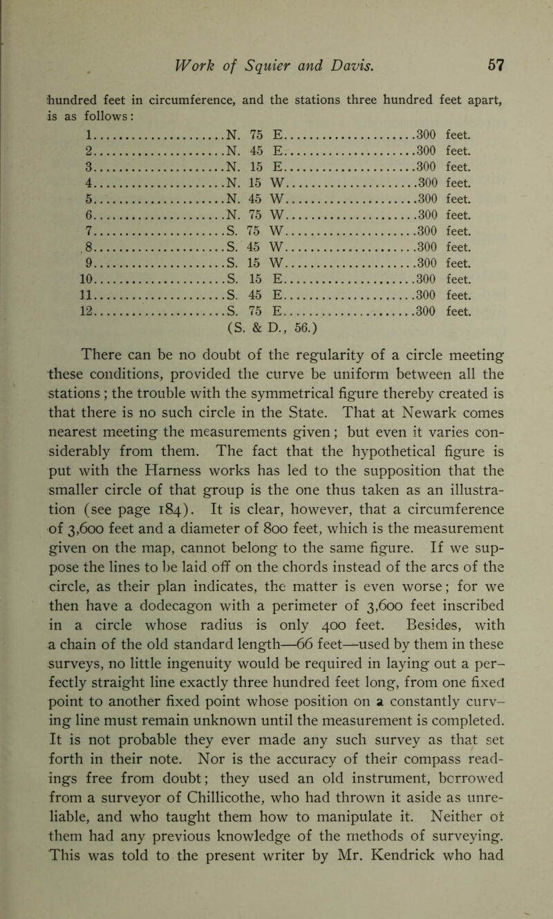 hundred feet in circumference, and the stations three hundred feet apart, is as follows: 1 N. 75 E 300 feet. 2 N. 45 E 300 feet. 3 N. 15 E 300 feet. 4 N. 15 W 300 feet. 5 N. 45 W 300 feet. 6 N. 75 w 300 feet. 7 S. 75 w 300 feet. .8 S. 45 w 300 feet. 9 S. 15 w 300 feet. 10 S. 15 E 300 feet. 11 s. 45 E 300 feet. 12 s. 75 E 300 feet. (S. & D., 56.) There can be no doubt of the regularity of a circle meeting these conditions, provided the curve be uniform between all the stations ; the trouble with the symmetrical figure thereby created is that there is no such circle in the State. That at Newark comes nearest meeting the measurements given; but even it varies con- siderably from them. The fact that the hypothetical figure is put with the Harness works has led to the supposition that the smaller circle of that group is the one thus taken as an illustra- tion (see page 184). It is clear, however, that a circumference of 3,600 feet and a diameter of 800 feet, which is the measurement given on the map, cannot belong to the same figure. If we sup- pose the lines to be laid off on the chords instead of the arcs of the circle, as their plan indicates, the matter is even worse; for we then have a dodecagon with a perimeter of 3,600 feet inscribed in a circle whose radius is only 400 feet. Besides, with a chain of the old standard length—66 feet—used by them in these surveys, no little ingenuity would be required in laying out a per- fectly straight line exactly three hundred feet long, from one fixed point to another fixed point whose position on a constantly curv- ing line must remain unknown until the measurement is completed. It is not probable they ever made any such survey as that set forth in their note. Nor is the accuracy of their compass read- ings free from doubt; they used an old instrument, borrowed from a surveyor of Chillicothe, who had thrown it aside as unre- liable, and who taught them how to manipulate it. Neither oi them had any previous knowledge of the methods of surveying. This was told to the present writer by Mr. Kendrick who had