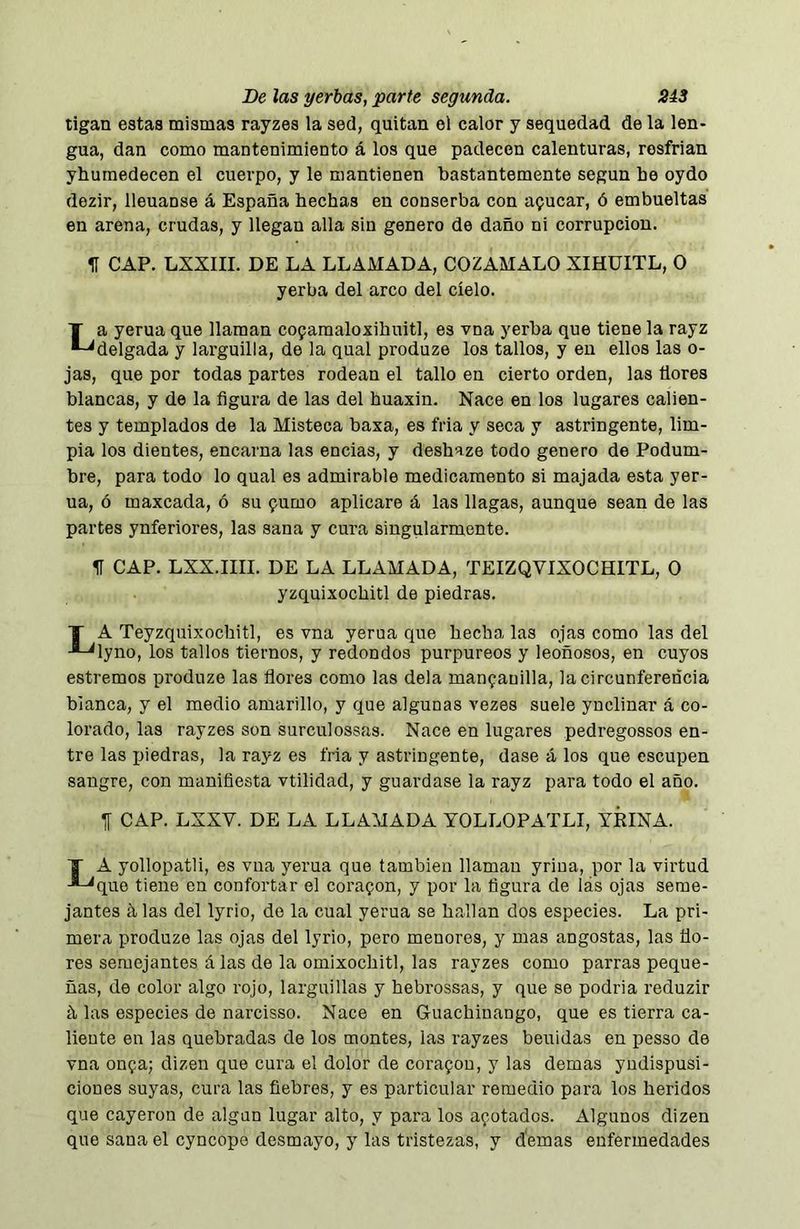 ligan estas mismas rayzes la sed, quitan el calor y sequedad de la len- gua, dan como mantenimiento á los que padecen calenturas, resfrian yhumedecen el cuerpo, y le mantienen bastantemente según be oydo dezir, lleuanse á España hechas en conserba con acucar, ó embueltas en arena, crudas, y llegan alia sin genero de daño ni corrupción. IT CAP. LXXIII. DE LA LLAMADA, COZAMALO XIHÜITL, O yerba del arco del cíelo. T a yerna que llaman coparaaloxihuitl, es vna yerba que tiene la rayz *-^delgada y larguilla, de la qual produze los tallos, y en ellos las o- jas, que por todas partes rodean el tallo en cierto orden, las flores blancas, y de la figura de las del huaxin. Nace en los lugares calien- tes y templados de la Misteca baxa, es fria y seca y astringente, lim- pia los dientes, encarna las encías, y deshaze todo genero de Podum- bre, para todo lo qual es admirable medicamento si majada esta yer- na, ó maxcada, ó su fumo aplicare á las llagas, aunque sean de las partes ynferiores, las sana y cura singularmente. IT CAP. LXX.IIII. DE LA LLAMADA, TEIZQVIXOCHITL, O yzquixochitl de piedras. T A Teyzquixochitl, es vna yerua que hecha las ojas como las del -■^lyno, los tallos tiernos, y redondos purpúreos y leoñosos, en cuyos estremos produze las flores como las déla manfauilla, la circunferencia blanca, y el medio amarillo, y que algunas vezes suele ynclinar á co- lorado, las rayzes son surculossas. Nace en lugares pedregossos en- tre las i)iedras, la rayz es fria y astringente, dase á los que escupen sangre, con manifiesta vtilidad, y guardase la rayz para todo el año. TT CAP. LXXV. DE LA LLAMADA YOLLOPATLI, YEINA. T A yollopatli, es vna yerua que también llaman yrina, por la virtud -*-^que tiene en confortar el corafon, y por la figura de lás ojas seme- jantes á. las del lyrio, do la cual yerua se hallan dos especies. La pri- mera produze las ojas del lyrio, pero menores, y mas angostas, las flo- res semejantes á las de la omixochitl, las rayzes como parras peque- ñas, de color algo rojo, larguillas y hebrossas, y que se podria reduzir íi las especies de narcisso. Nace en Guachinango, que es tierra ca- liente en las quebradas de los montes, las rayzes heñidas en i^esso de vna onfa; dizen que cura el dolor de corafou, y las demas yudispusi- cioues suyas, cura las fiebres, y es particular remedio para los heridos que cayeron de algún lugar alto, y para los afotadcs. Algunos dizen que sana el cyncopo desmayo, y las tristezas, y demás enfermedades