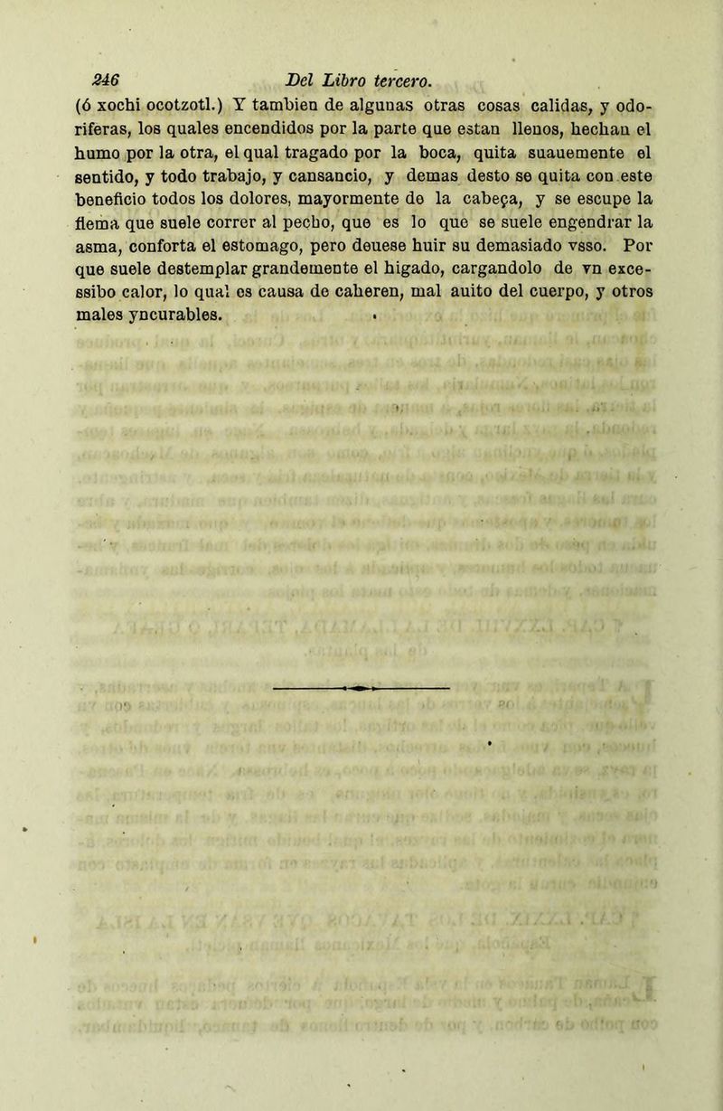 (ó xochi ocotzotl.) Y también de algunas otras cosas calidas, y odo- ríferas, los quales encendidos por la parte que están llenos, hecliau el humo por la otra, el qual tragado por la boca, quita suauemente el sentido, y todo trabajo, y cansancio, y demas desto se quita con este beneficio todos los dolores, mayormente de la cabefa, y se escupe la fiema que suele correr al pecho, que es lo que se suele engendrar la asma, conforta el estomago, pero deuese huir su demasiado veso. Poi- que suele destemplar grandemente el higado, cargándolo de yn exce- ssibo calor, lo qual es causa de caheren, mal auito del cuerpo, y otros males yncurables.