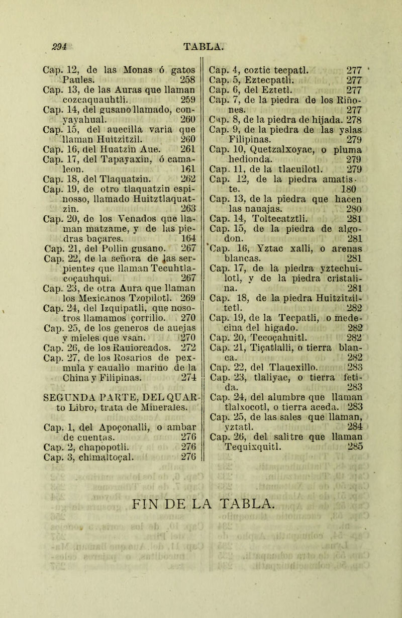 Cap. 12, do las Monas ó gatos Paules. 258 Cap. 13, de las Auras que llaman cozcaquauhtli. 259 Cai3. 14, del gusano llamado, con- yayahual. 2(iÜ Cap. 15, del auecilla varia que llaman Huitzitzil. 2tí0 Cap. 16, del Huatzin Aue. 261 Cap. 17, del Tapayaxin, ó cama- león. 161 Cap. 18, del Tlaquatzin. 262 Cap. 19, de otro tlaquatzin espi- nosso, llamado Huitztlaquat- zin. 263 Cap. 20, de los Venados que lla- man matzame, y de las pie- dras bapares. 164 Cap. 21, del Pollin gusano. 267 Cap. 22, de la señora de ¿as ser- jDieutes que llaman Tecuhtla- cogauhqui. 267 Cap. 23, de otra Aura que llaman los Mexicanos Tzopilotl. 269 Cap. 24, del Izquipatli, que noso- tros llamamos porrillo. 270 Cap. 25, de los géneros de anejas y mieles que vsan. 270 Cap. 26, de los iiauiorcados. 272 Cap. 27, de los líosarios de pex- mula y cauallo marino de la China y Filipinas. 274 SEGUNDA PARTE, DELQUAR- to Libro, trata de Minerales. Cap. 1, del Apoponalli, o ambar de cuentas. 276 Cap. 2, chapopotli. 276 Cap. 3, chimaltopal. 276 Cap. 4, coztic tecpatl. 277 ' Cap. 5, Eztecpatli. 277 Cap. 6, del Eztetl. 277 Cap. 7, de la piedra de los Riño- nes. 277 Cap. 8, de la piedra de hijada. 278 Cap. 9, de la piedra de las yslas Filipinas. 279 Cap. 10, Quetzalxoyac, o pluma hedionda. 279 Cap. 11, de la tlacuilotl. 279 Cap. 12, de la piedra amatis- te. 180 Cap. 13, de la piedra que hacen las nauajas. 280 Cap. 14, Toltecatztli. 281 Cap. 15, de la piedra de algo- don. 281 ’Cap. 16, Yztac xalli, o arenas blancas. 281 Cap. 17, de la piedra yztechui- lotl, y de la piedra cristali- na. 281 Cap. 18, de la piedra Huitzitzil- tetl. 282 Cap. 19, de la Tecpatli, o mede- ciua del higado. 282 Cap. 20, Tecopahuitl. 282 Cap. 21, Tipatlalli, o tierra blan- ca. 282 Cap. 22, del Tlauexillo. 283 Cap. 23, tlaliyac, o tierra féti- da. 283 Cap. 24, del alumbre que llaman tlalxocotl, o tierra aceda. 283 Cap. 25, de las sales que llaman, yztatl. 284 Cap. 26, del salitre que llaman Tequixquitl. 285 FIN DE LA TABLA.