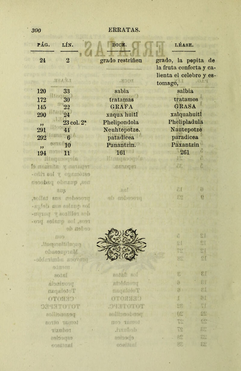 pIg. LIÍT. DICE. LÉASE. 24 2 grado restriñen grado, la pepita 120 ~ 33 !í sabia la fruta conforta y lienta el celebro y tomago, salbia 172 30 tratamas tratamos 145 22 GRAFA GRASA 290 24 xaqua huitl xalquahuitl Í9 23 col. 2* Phelipondola Plielipladula 291 44 Neuhtepotze. Nautepotze 292 6 patadicea paradicea - )} 10 Panaützin. Paxantzin 194 11 101 261 , . ,‘r: .íi’ ‘ ■ '.;t t <I - ' . b-, , - i; , f,r- f;-- ' . ti • ■ . t',;'' 'i'; ■ ■ij; ;■■■•■ oT' '