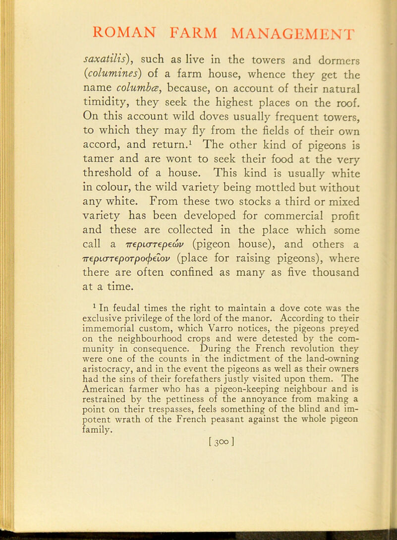 saxatilis), such as live in the towers and dormers (columines) of a farm house, whence they get the name columbcs, because, on account of their natural timidity, they seek the highest places on the roof. On this account wild doves usually frequent towers, to which they may fly from the fields of their own accord, and return.^ The other kind of pigeons is tamer and are wont to seek their food at the very threshold of a house. This kind is usually white in colour, the wild variety being mottled but without any white. From these two stocks a third or mixed variety has been developed for commercial profit and these are collected In the place which some call a ir€pL(TT€peu>v (pigeon house), and others a 7repL(TTepoTpo(f)eLov (place for raising pigeons), where there are often confined as many as five thousand at a time. ^ In feudal times the right to maintain a dove cote was the exclusive privilege of the lord of the manor. According to their immemorial custom, which Varro notices, the pigeons preyed on the neighbourhood crops and were detested by the com- munity in consequence. During the French revolution they were one of the counts in the indictment of the land-owning aristocracy, and in the event the pigeons as well as their owners had the sins of their forefathers justly visited upon them. The American farmer who has a pigeon-keeping neighbour and is restrained by the pettiness of the annoyance from making a point on their trespasses, feels something of the blind and im- potent wrath of the French peasant against the whole pigeon family.