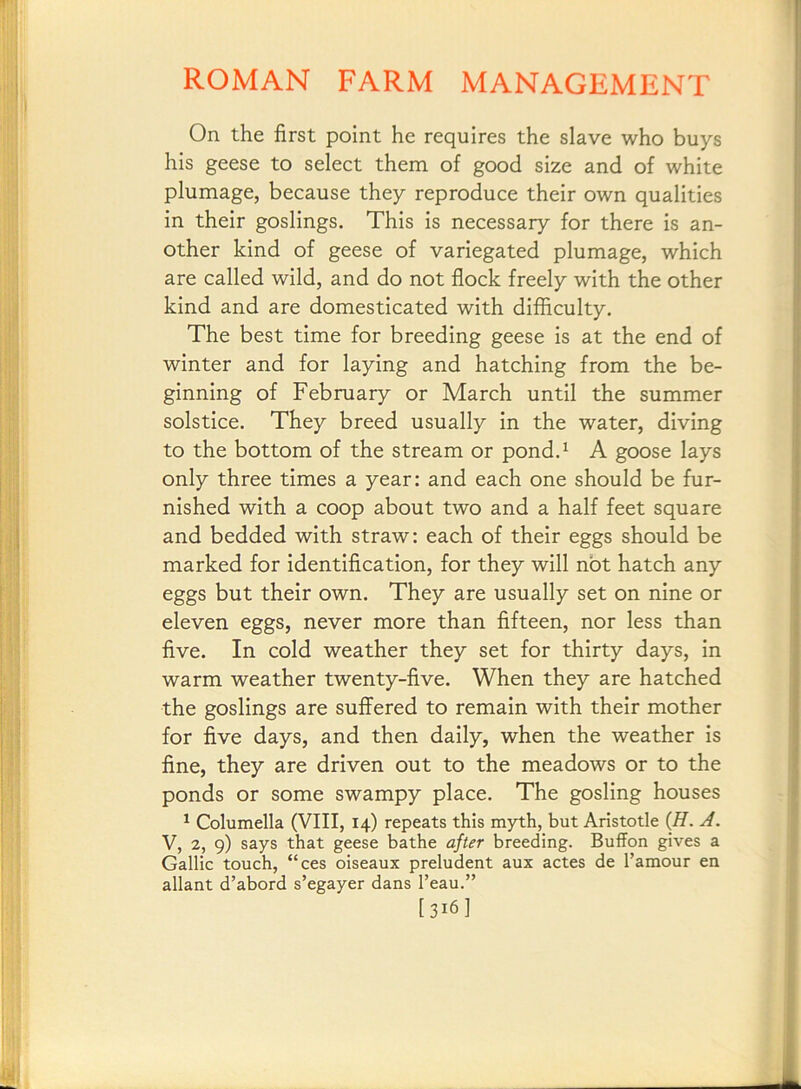 On the first point he requires the slave who buys his geese to select them of good size and of white plumage, because they reproduce their own qualities in their goslings. This is necessary for there is an- other kind of geese of variegated plumage, which are called wild, and do not flock freely with the other kind and are domesticated with difficulty. The best time for breeding geese is at the end of winter and for laying and hatching from the be- ginning of February or March until the summer solstice. They breed usually in the water, diving to the bottom of the stream or pond.* A goose lays only three times a year: and each one should be fur- nished with a coop about two and a half feet square and bedded with straw: each of their eggs should be marked for identification, for they will not hatch any eggs but their own. They are usually set on nine or eleven eggs, never more than fifteen, nor less than five. In cold weather they set for thirty days, in warm weather twenty-five. When they are hatched the goslings are suffered to remain with their mother for five days, and then daily, when the weather is fine, they are driven out to the meadows or to the ponds or some swampy place. The gosling houses * Columella (VIII, 14) repeats this myth, but Aristotle {H. A. V, 2, 9) says that geese bathe after breeding. Buffon gives a Gallic touch, “ces oiseaux preludent aux actes de I’amour en allant d’abord s’egayer dans I’eau.” [316]