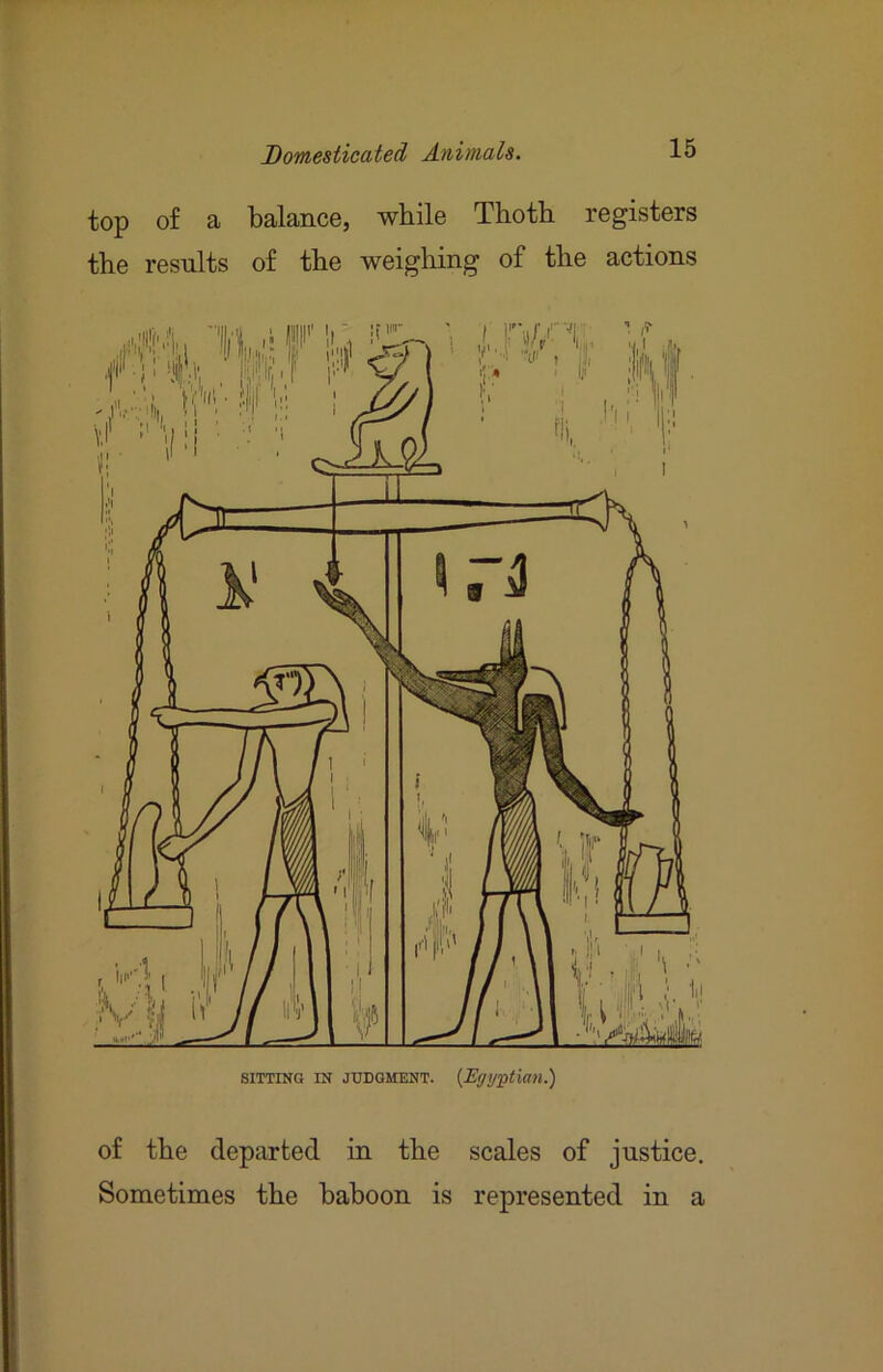 top of a balance, while Thoth registers the results of the weighing of the actions of the departed in the scales of justice. Sometimes the baboon is represented in a