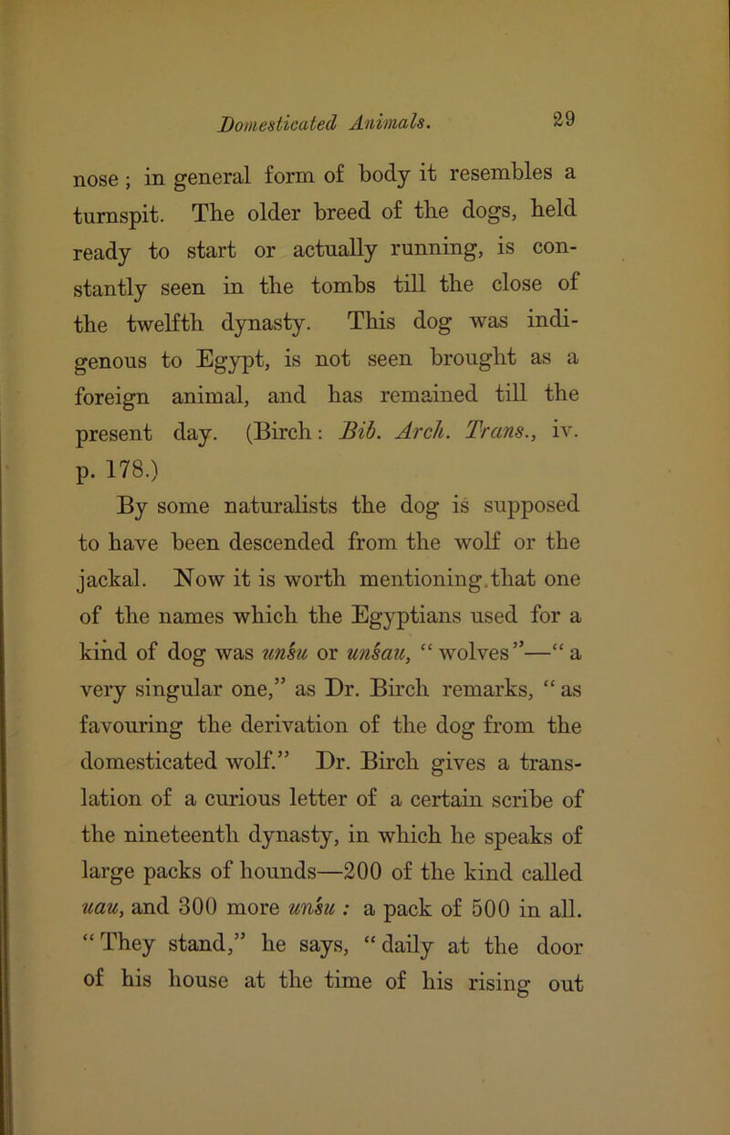 nose ; in general form of body it resembles a turnspit. Tbe older breed of tbe dogs, beld ready to start or actually running, is con- stantly seen in tbe tombs till the close of the twelfth dynasty. This dog was indi- genous to Eg}rpt, is not seen brought as a foreign animal, and has remained till the present day. (Birch: Dib. Arch. Trans., iv. p. 178.) By some naturalists the dog is supposed to have been descended from the wolf or the jackal. Now it is worth mentioning.that one of the names which the Egyptians used for a kind of dog was unsu or unsau, “ wolves”—“ a very singular one,” as Dr. Bhch remarks, “ as favouring the derivation of the dog from the domesticated wolf.” Dr. Birch gives a trans- lation of a curious letter of a certain scribe of the nineteenth dynasty, in which he speaks of large packs of hounds—200 of the kind called uau, and 300 more unsu : a pack of 500 in all. “They stand,” he says, “daily at the door of his house at the time of his rising- out