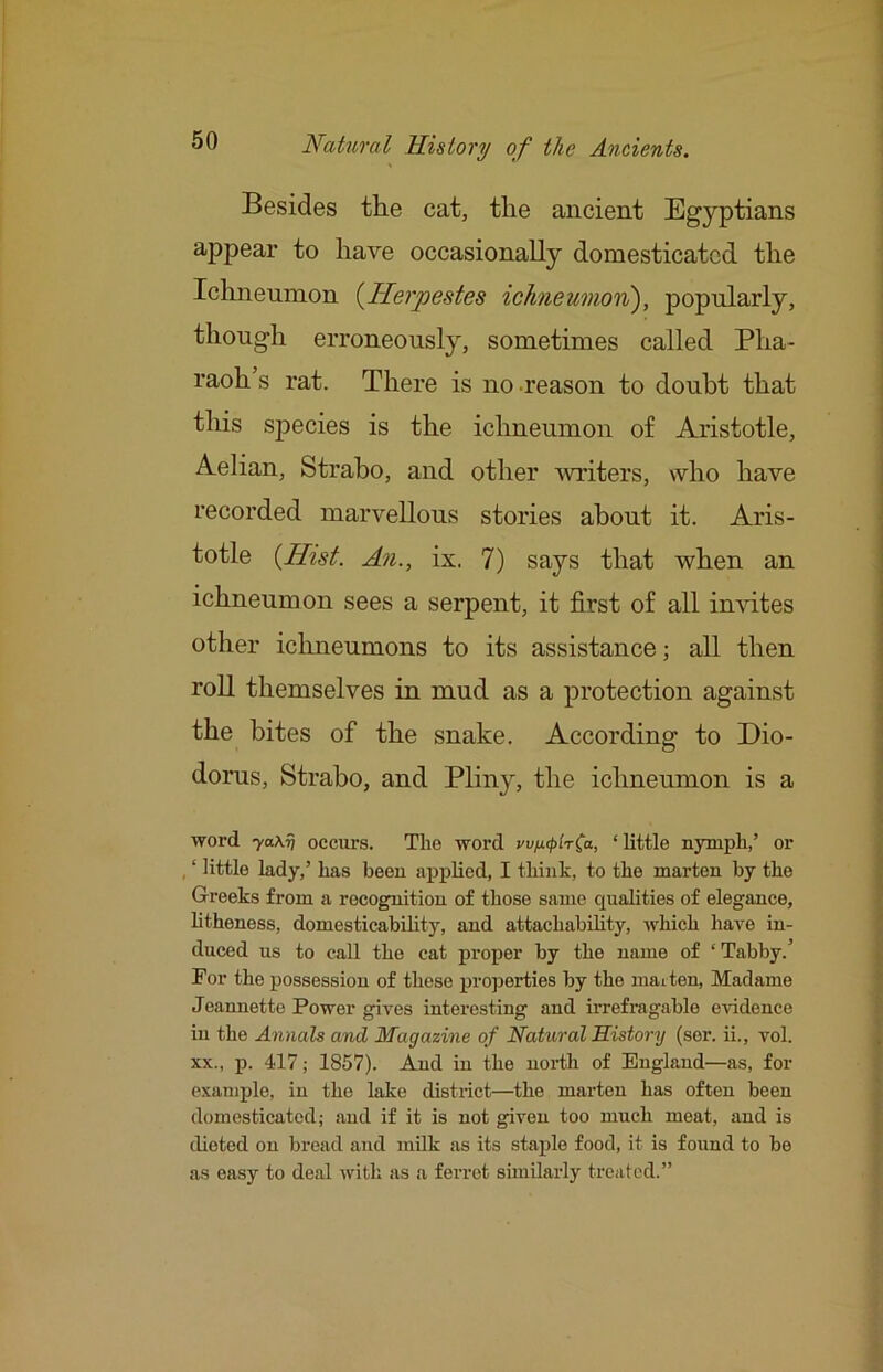 Besides the cat, the ancient Egyptians appear to have occasionally domesticated the Iclineumon {^Herpestes ichneumon), popularly, though erroneously, sometimes called Pha- raoh’s rat. There is no .reason to doubt that this species is the ichneumon of Aristotle, Aelian, Strabo, and other ■writers, who have recorded marvellous stories about it. Aris- totle {Hist. An., ix. 7) says that when an ichneumon sees a serpent, it first of all in-vites other ichneumons to its assistance; all then roll themselves in mud as a protection against the bites of the snake. According to Dio- dorus, Strabo, and Pliny, the ichneumon is a word 7oA.^ occurs. The word wficplrCa, ‘little nymph,’ or , ‘ little lady,’ has been aj)plied, I think, to the marten by the Greeks from a recognition of those same qualities of elegance, htheness, domesticability, and attaehability, which have in- duced us to call the cat proper by the name of ‘ Tabby.’ For the possession of these projDcrties by the mai ten, Madame Jeannette Power gives interesting and irrefragable evidence in the Annals and Magazine of Natural History (ser. ii., vol. XX., p. 417; 1857). And in the north of England—as, for example, in the lake district—the marten has often been domesticated; aud if it is not given too much meat, and is dieted on bread and mUk as its staple food, it is found to be as easy to deal with as a ferret similarly treated.”