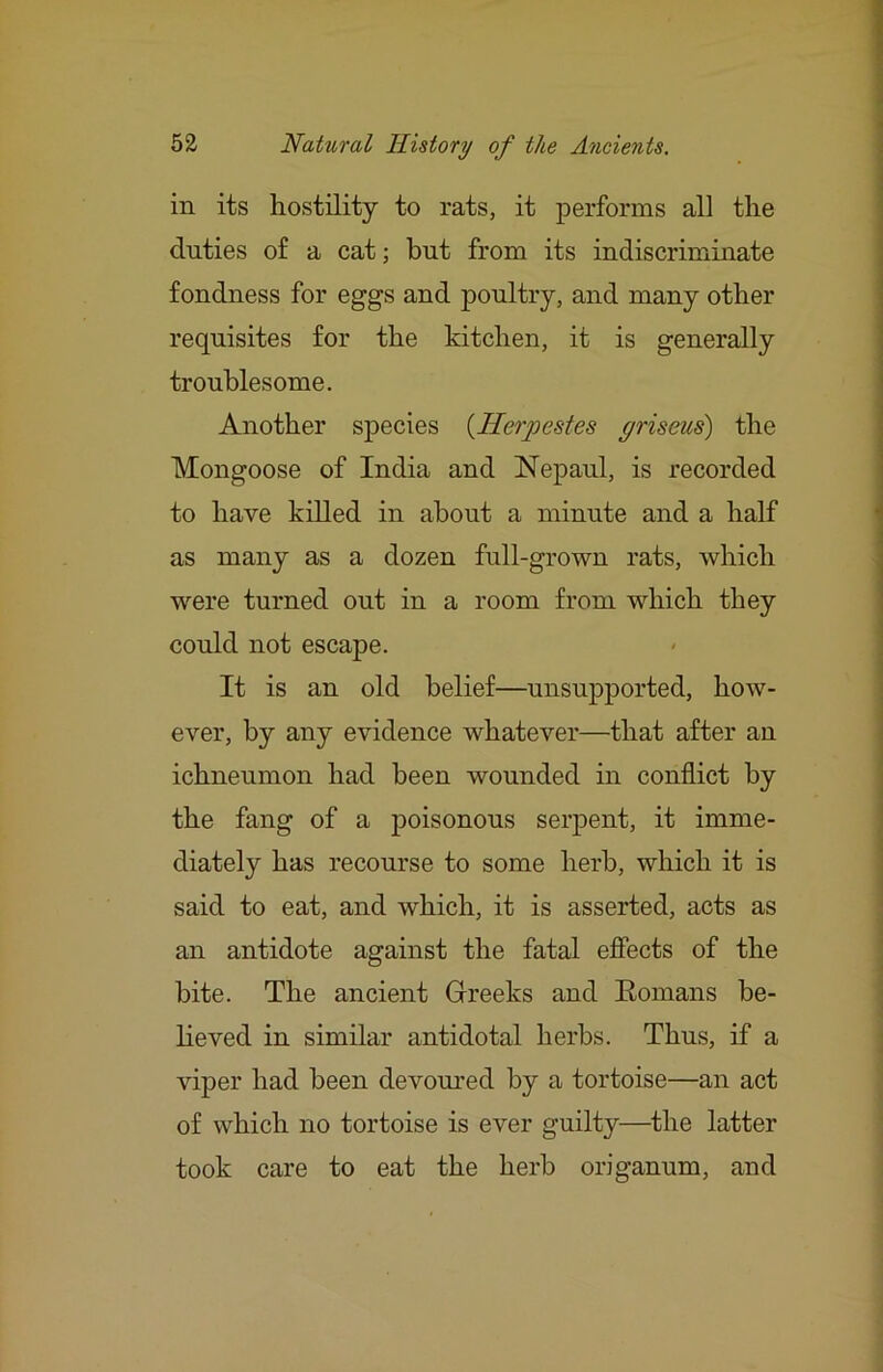 in its hostility to rats, it performs all the duties of a cat; but from its indiscriminate fondness for eggs and poultry, and many other requisites for the kitchen, it is generally troublesome. Another species {llerpestes priseus) the Mongoose of India and Nepanl, is recorded to have killed in about a minute and a half as many as a dozen full-grown rats, which were turned out in a room from which they could not escape. It is an old belief—unsupported, how- ever, by any evidence whatever—that after an ichneumon had been wounded in conflict by the fang of a poisonous serpent, it imme- diately has recourse to some herb, which it is said to eat, and which, it is asserted, acts as an antidote against the fatal effects of the bite. The ancient Greeks and Eomans be- lieved in similar antidotal herbs. Thus, if a viper had been devoured by a tortoise—an act of which no tortoise is ever guilty—the latter took care to eat the herb origanum, and