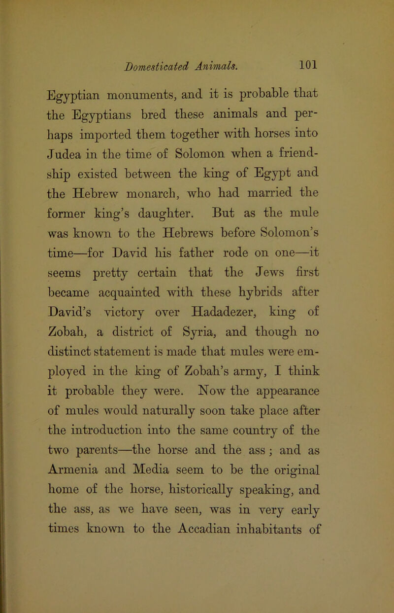 Egyptian monuments, and it is probable that the Egyptians bred these animals and per- haps imported them together with horses into Judea in the time of Solomon when a friend- ship existed between the king of Egypt and the Hebrew monarch, who had married the former king’s daughter. But as the mule was known to the Hebrews before Solomon’s time—for David his father rode on one—it seems pretty certain that the Jews first became acquainted with these hybrids after David’s victory over Hadadezer, king of Zobah, a district of Syria, and though no distinct statement is made that mules were em- ployed in the king of Zobah’s army, I think it probable they were. Now the appearance of mules would naturally soon take place after the introduction into the same country of the two parents—the horse and the ass ; and as Armenia and Media seem to be the original home of the horse, historically speaking, and the ass, as we have seen, was in very early times known to the Accadian inhabitants of