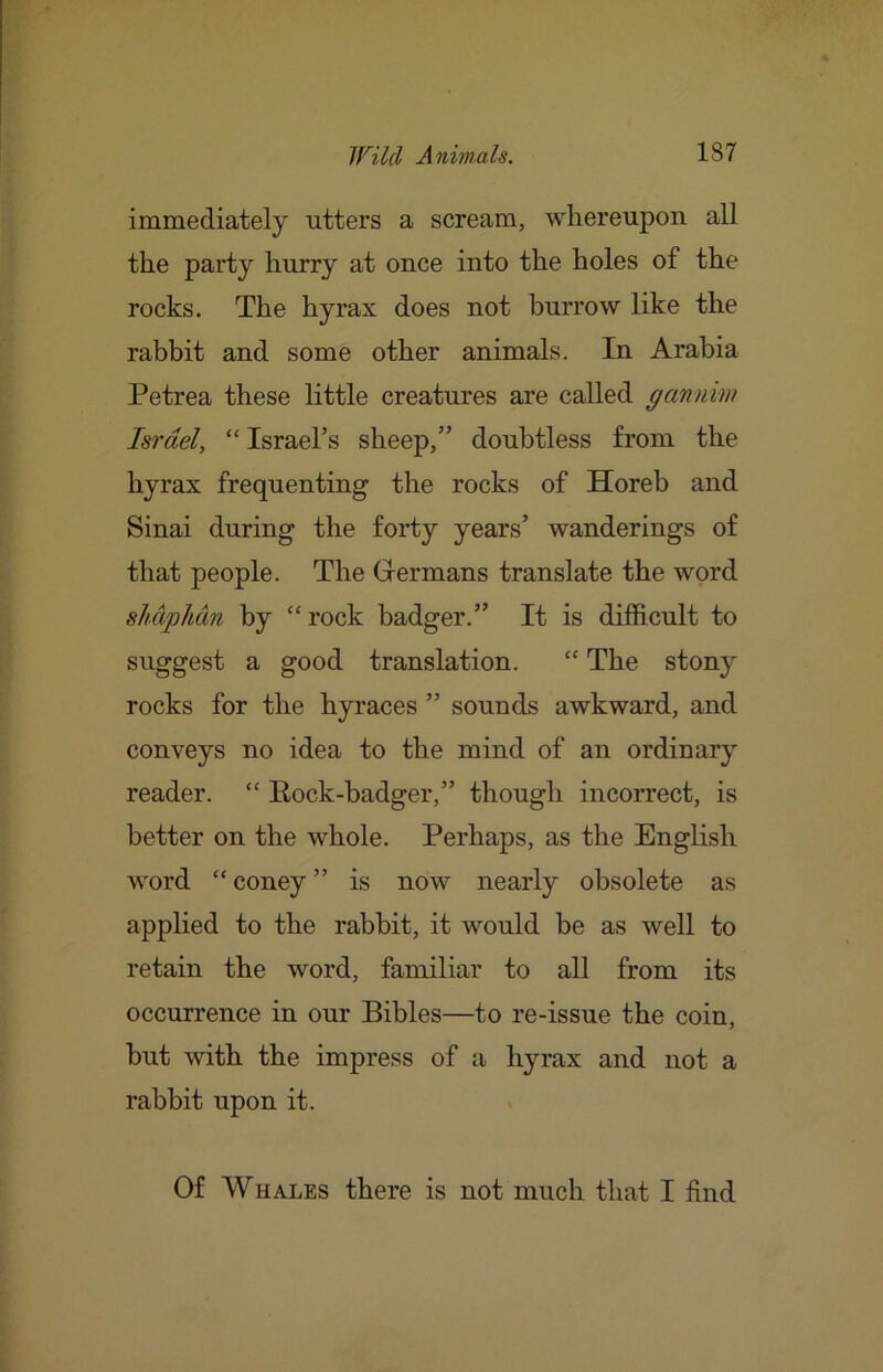 immediately utters a scream, whereupon all the party hurry at once into the holes of the rocks. The hyrax does not burrow like the rabbit and some other animals. In Arabia Petrea these little creatures are called gannim Israel, “Israel’s sheep,” doubtless from the hyrax frequenting the rocks of Horeb and Sinai during the forty years’ wanderings of that people. The Germans translate the word slidpMn by “rock badger.” It is difficult to suggest a good translation. “ The stony rocks for the hyraces ” sounds awkward, and conveys no idea to the mind of an ordinary reader. “ Eock-badger,” though incorrect, is better on the whole. Perhaps, as the English word “coney” is now nearly obsolete as applied to the rabbit, it would be as well to retain the word, familiar to all from its occurrence in our Bibles—to re-issue the coin, but with the impress of a hyrax and not a rabbit upon it. Of Whales there is not much that I find