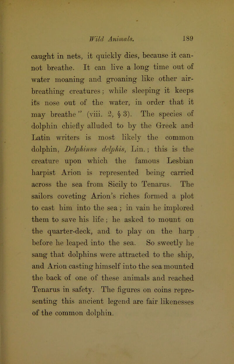 caught in nets, it quickly dies, because it can- not breathe. It can live a long time out of water moaning and groaning like other air- breathing creatures; while sleeping it keeps its nose out of the water, in order that it may breathe” (viii. 2, §3). The species of dolphin chiefly alluded to by the Glreek and Latin writers is most likely the common dolphin, Delphinus delpliis, Lin.; this is the creature upon which the famous Lesbian harpist Arion is represented being earned across the sea from Sicily to Tenarus. The sailors coveting Arion’s riches formed a plot to cast him into the sea ; in vain he implored them to save his life; he asked to mount on the quarter-deck, and to play on the harp before he leaped into the sea. So sweetly he sang that dolphins were attracted to the ship, and Arion casting himself into the sea mounted the back of one of these animals and reached Tenarus in safety. The flgures on coins repre- senting this ancient legend are fair likenesses of the common dolphin.