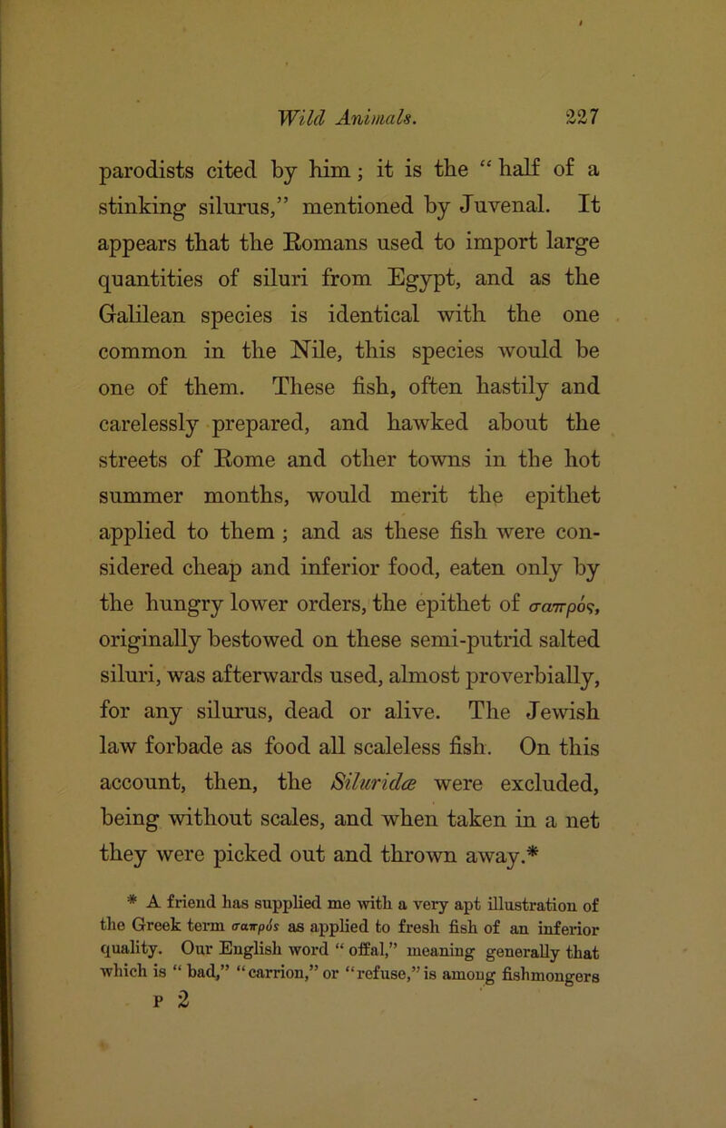 parodists cited by him; it is the “ half of a stinking silums,” mentioned by Juvenal. It appears that the Komans used to import large quantities of siluri from Egypt, and as the Galilean species is identical with the one common in the Nile, this species would be one of them. These fish, often hastily and carelessly prepared, and hawked about the streets of Eome and other towns in the hot summer months, would merit the epithet applied to them ; and as these fish were con- sidered cheap and inferior food, eaten only by the hungry lower orders, the epithet of o-aTrpo?, originally bestowed on these semi-putrid salted siluri, was afterwards used, almost proverbially, for any silurus, dead or alive. The Jewish law forbade as food all scaleless fish. On this account, then, the Siluridce were excluded, being without scales, and when taken in a net they were picked out and thrown away.* * A friend has supplied me Avith a very apt illustration of the Greek term o-airpJs as applied to fresh fish of an inferior quality. Our English word “ offal,” meaning generally that which is “ bad,” “carrion,” or “refuse,”is among fishmongers p 2