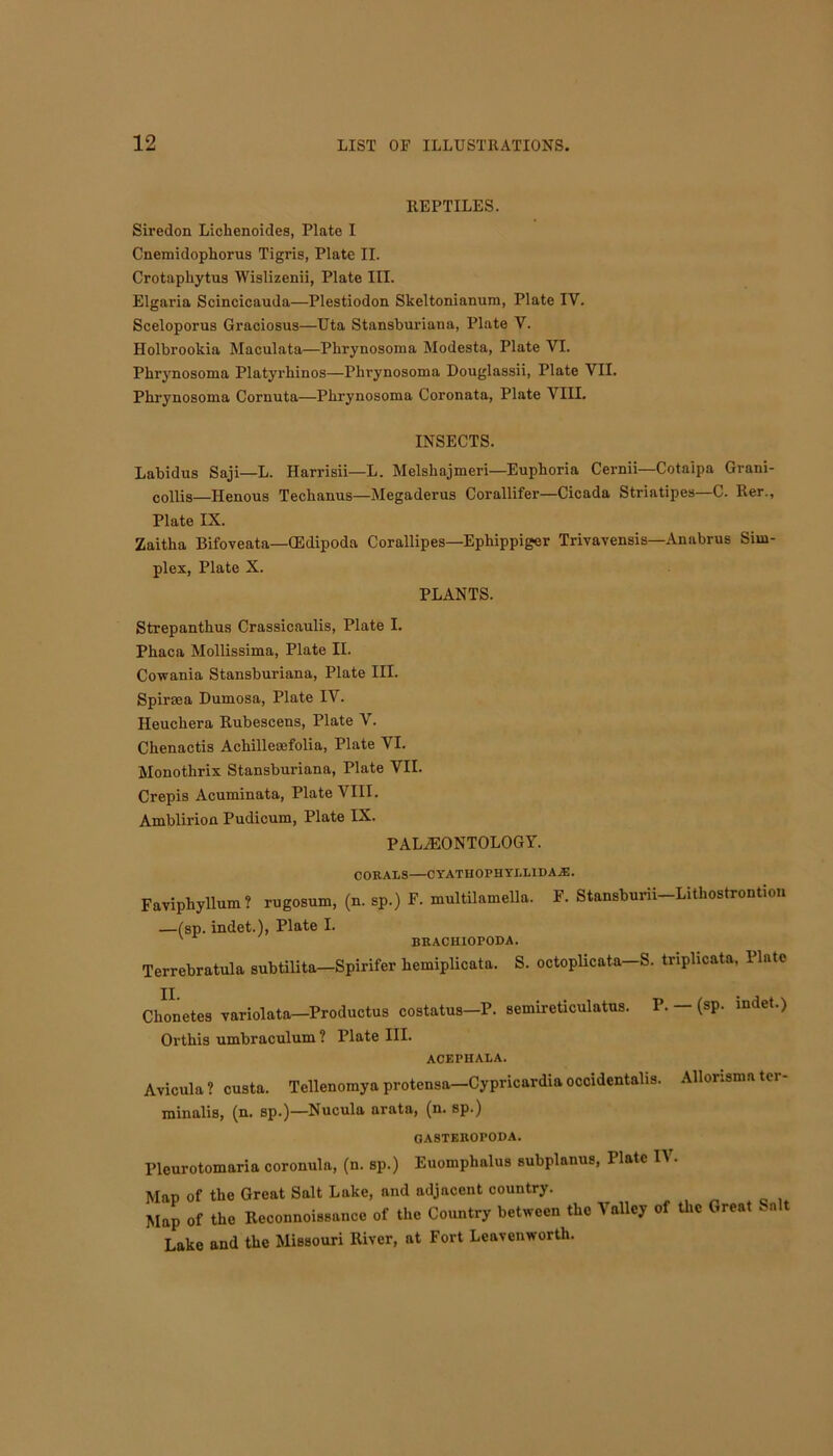 REPTILES. Siredon Lichenoides, Plate I Cnemidophorus Tigris, Plate II. Crotaphytus Wislizenii, Plate III. Elgaria Scincicauda—Plestiodon Skeltonianum, Plate IV. Sceloporus Graciosus—Uta Stansburiana, Plato V. Holbrookia Maculata—Phrynosoma Modesta, Plate VI. Phrynosoma Platyrhinos—Phrynosoma Douglassii, Plate VII. Phrynosoma Cornuta—Phrynosoma Coronata, Plate VIII. INSECTS. Labidus Saji—L. Harrisii—L. Melshajmeri—Euphoria Cernii—Cotaipa Grani- collis—Henous Techanus—Megaderus Corallifer—Cicada Striatipes—C. Rer., Plate IX. Zaitha Bifoveata—(Edipoda Corallipes—Ephippiger Trivavensis—Anabrus Sim- plex, Plate X. PLANTS. Strepanthus Crassicaulis, Plate I. Phaca Mollissima, Plate II. Cowania Stansburiana, Plate III. Spiraea Dumosa, Plate IV. Heuchera Rubescens, Plate V. Chenactis Achilleoefolia, Plate VI. Monothrix Stansburiana, Plate VII. Crepis Acuminata, Plate VIII. Amblirion Pudicum, Plate IX. PALAEONTOLOGY. CORALS—CYATUOPHYLLIDA.E. Faviphyllum ? rugosum, (n. sp.) F. multilamella. F. Stansburii-Lithostrontiou —(sp. indet.), Plate I. ' BRACHIOPODA. Terrebratula subtilita—Spirifer hemiplicata. S. octoplicata—S. tnplicata, Plate Chonetes variolata-Productus costatus-P. semireticulatus. P. - (sp. indet.) Orthis umbraculum ? Plate III. ACEPHALA. Avicula ? custa. Tellenomya protensa—Cypricardia occidcntalis. Allorssma ter- minalis, (n. sp.)—Nucula arata, (n. sp.) GASTEROPODA. l’leurotomaria coronula, (n. sp.) Euomphalus subplnnus, Plate II. Map of the Great Salt Lake, and adjacent country. Map of the Reconnoissance of the Country between the Valley of the Great Salt Lake and the Missouri River, at Fort Leavenworth.