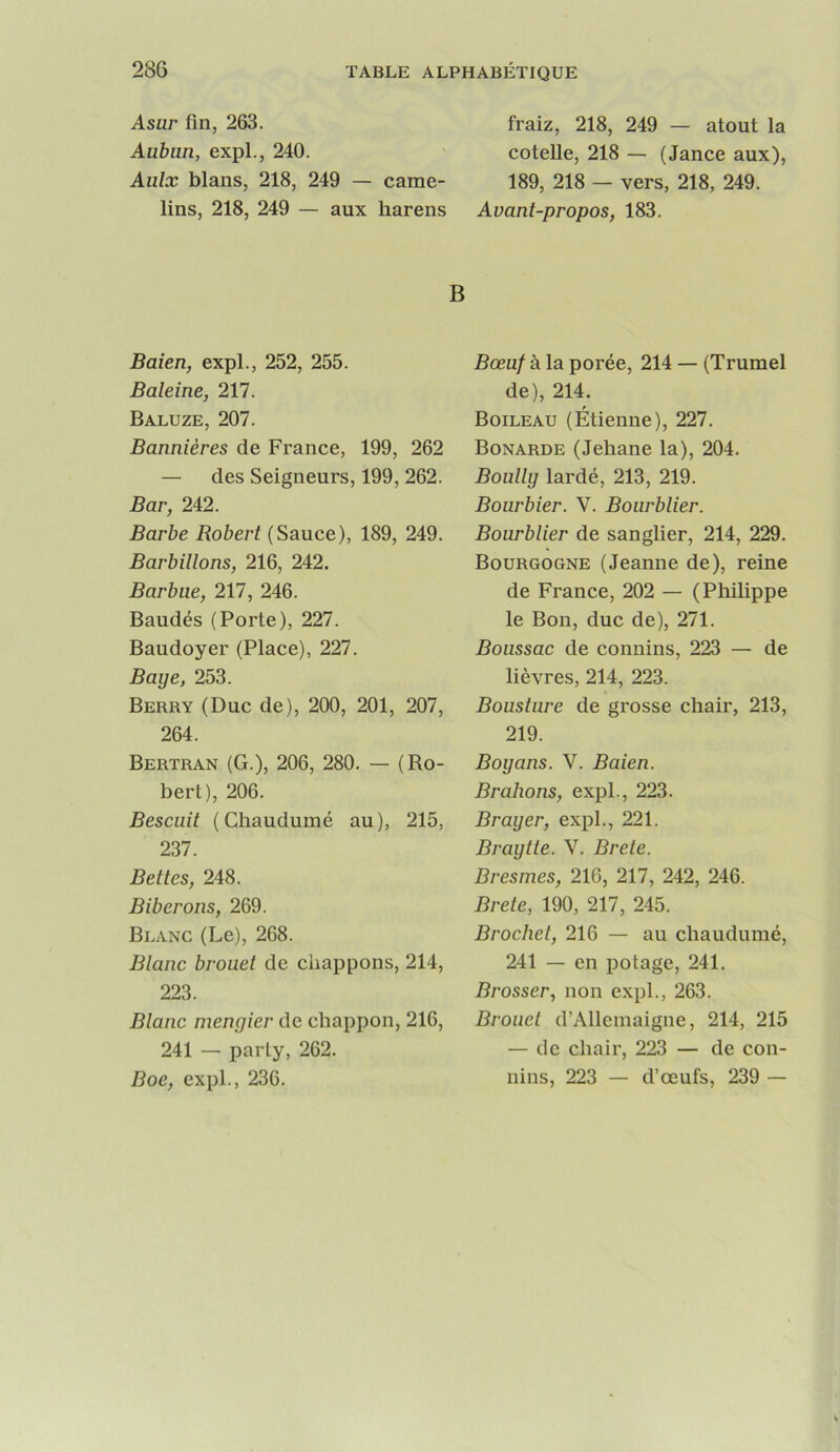 Asur fin, 263. fraiz, 218, 249 — atout la Aubun, expL, 240. cotelle, 218 — (Jance aux). Aulx blans, 218, 249 — came- 189, 218 — vers, 218, 249. lins, 218, 249 — aux harens Avant-propos, 183. B Baien, expi., 252, 255. Baleine, 217. Baluze, 207. Bannières de France, 199, 262 — des Seigneurs, 199, 262. Bar, 242. Barbe Robert {Sauce), 189, 249. Barbillons, 216, 242. Barbue, 217, 246. Baudés (Porte), 227. Baudoyer (Place), 227. Baye, 253. Berry (Duc de), 200, 201, 207, 264. Bertran (G.), 206, 280. — (Ro- bert), 206. Bescuit (Chauduiné au), 215, 237. Bettes, 248. Biberons, 269. Blanc (Le), 268. Blanc brouet de cliappons, 214, 223. Blanc mengier de chappon, 216, 241 — party, 262. Boe, expi., 236. Bœuf à la porée, 214 — (Trumel de), 214. Boileau (Étienne), 227. Bonarde (Jehane la), 204. Boully lardé, 213, 219. Bourbier. V. Bourblier. Bourblier de sanglier, 214, 229. Bourgogne (Jeanne de), reine de France, 202 — (Philippe le Bon, duc de), 271. Boussac de connins, 223 — de lièvres, 214, 223. Bousture de grosse chair, 213, 219. Boy ans. V. Baien. Brahons, expL, 223. Brayer, expi., 221. Braytte. V. Brete. Bresmes, 216, 217, 242, 246. Brete, 190, 217, 245. Brochet, 216 — au chaudumé, 241 — en potage, 241. Brosser, non expL, 263. Brouet d’Alleinaigne, 214, 215 — de chair, 223 — de con- nins, 223 — d’œufs, 239 —