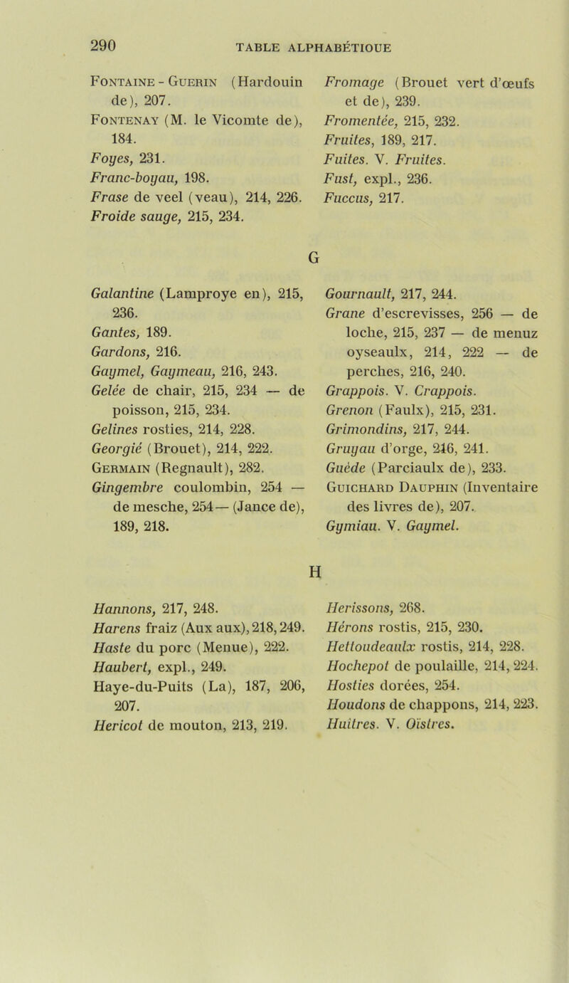 Fontaine - Guérin ( Hardouin de), 207. Fontenay (M. le Vicomte de), 184. Foyes, 231. Franc-boyau, 198. Frase de veel (veau), 214, 226. Froide sauge, 215, 234. Fromage (Brouet vert d’œufs et de), 239. Fromentée, 215, 232. Fruités, 189, 217. Fuites. V. Fruités. Fust, expi., 236. Fuccus, 217. G Galantine (Lamproye en), 215, 236. Gantes, 189. Gardons, 216. Gaymel, Gaymeau, 216, 243. Gelée de chair, 215, 234 — de poisson, 215, 234. Gelines rosties, 214, 228. Georgié (Brouet), 214, 222. Germain (Régnault), 282. Gingembre coulombin, 254 — de mesche, 254— (Jance de), 189, 218. Gournault, 217, 244. Grane d’escrevisses, 256 — de loche, 215, 237 — de menuz oyseaulx, 214, 222 — de perches, 216, 240. Grappois. V. Crappois. Grenon (Faulx), 215, 231. Grimondins, 217, 244. Gruyau d’orge, 216, 241. Guéde (Parciaulx de), 233. Guichard Dauphin (Inventaire des livres de), 207. Gymiau. V. Gaymel. Hannons, 217, 248. Harens fraiz (Aux aux), 218,249. Haste du porc (Menue), 222. Haubert, expi., 249. Haye-du-Puits (La), 187, 206, 207. Hericot de mouton, 213, 219. H Hérissons, 268. Hérons rostis, 215, 230. Hettoudeaulx rostis, 214, 228. Hochepot de poulaille, 214, 224. Hosties dorées, 254. Houdons de chappons, 214, 223. Huîtres. V. Oïstres.