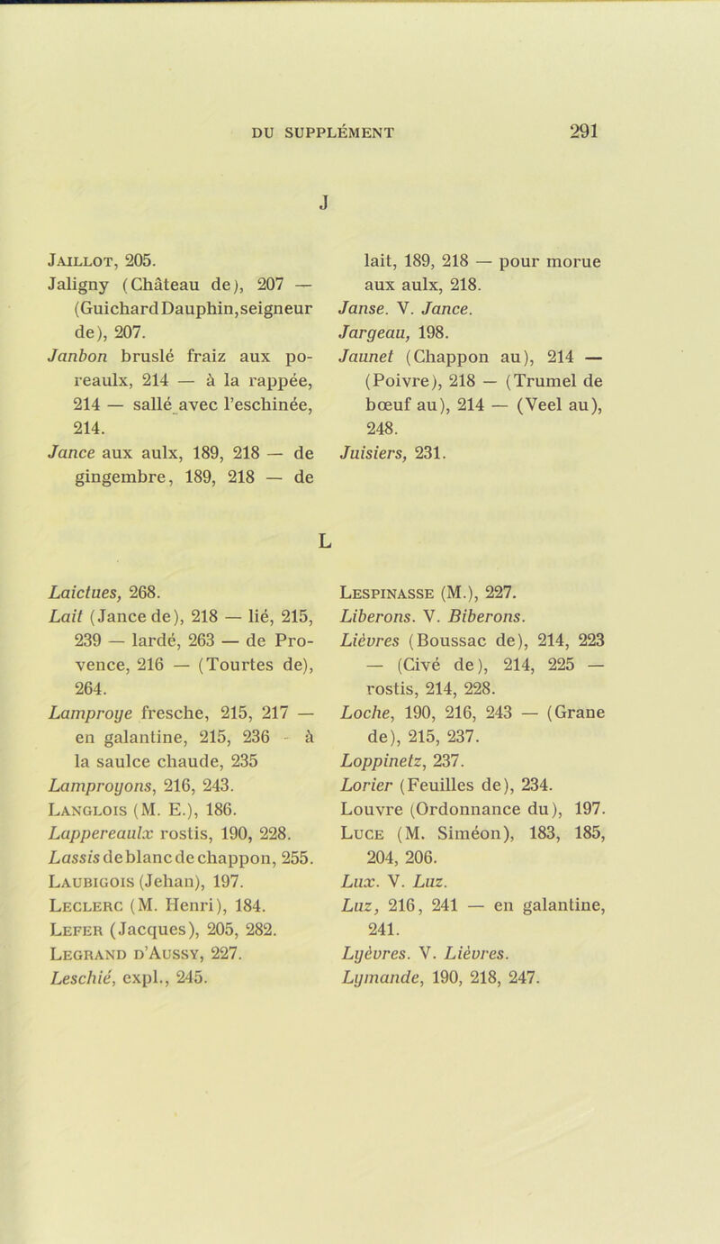 J Jaillot, 205. Jaligny (Château de), 207 — (Guichard Dauphin, seigneur de), 207. Janbon bruslé fraiz aux po- reaulx, 214 — à la rappée, 214 — salle avec l’eschinée, 214. Jance aux aulx, 189, 218 — de gingembre, 189, 218 — de lait, 189, 218 — pour morue aux aulx, 218. Janse. V. Jance. Jargeau, 198. Jaunet (Chappon au), 214 — (Poivre), 218 — (Trumel de bœuf au), 214 — (Veel au), 248. Juisiers, 231. L Laictues, 268. Lait (Jance de), 218 — lié, 215, 239 — lardé, 263 — de Pro- vence, 216 — (Tourtes de), 264. Lamproye fresche, 215, 217 — en galantine, 215, 236 - à la saulce chaude, 235 Lamproyons, 216, 243. Langlois (M. E.), 186. Lappereaulx rostis, 190, 228. Lassis de blanc de chappon, 255. Laubigois (Jehan), 197. Leclerc (M. Henri), 184. Lefer (Jacques), 205, 282. Legrand d’Aussy, 227. Leschié, expi., 245. Lespinasse (M.), 227. Libérons. V. Biberons. Lièvres (Boussac de), 214, 223 — (Civé de ), 214, 225 — rostis, 214, 228. Loche, 190, 216, 243 — (Grane de), 215, 237. Loppinetz, 237. Lorier (Feuilles de), 234. Louvre (Ordonnance du), 197. Luce (M. Siméon), 183, 185, 204, 206. Lux. V. Luz. Luz, 216, 241 — en galantine, 241. Lyèvres. V. Lièvres. Lyinande, 190, 218, 247.
