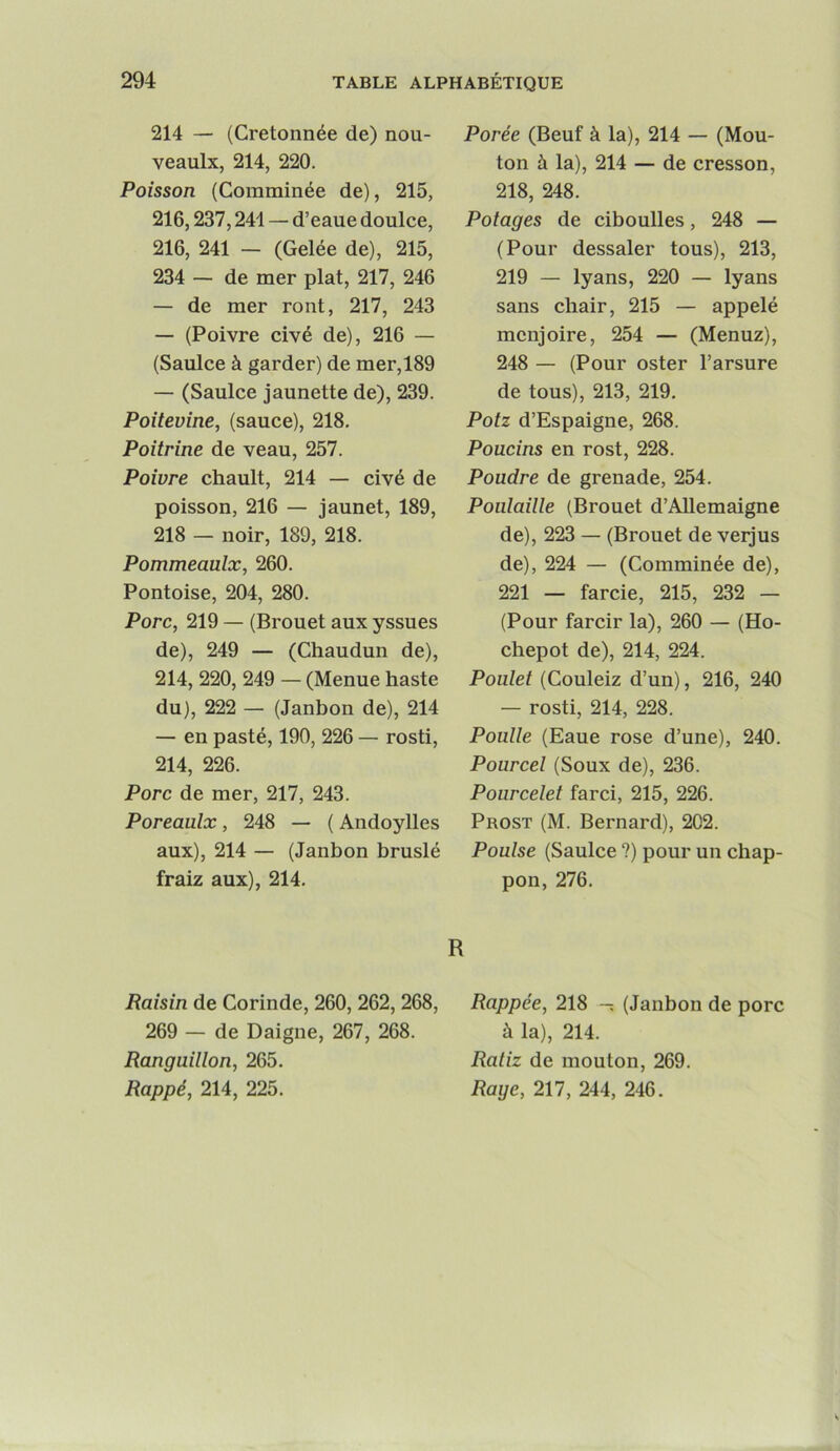 214 — (Cretonnée de) nou- veaulx, 214, 220. Poisson (Comminée de), 215, 216,237,241 — d’eaue doulce, 216, 241 - (Gelée de), 215, 234 — de mer plat, 217, 246 — de mer ront, 217, 243 — (Poivre civé de), 216 — (Saulce à garder) de mer, 189 — (Saulce jaunette de), 239. Poitevine, (sauce), 218. Poitrine de veau, 257. Poivre chault, 214 — civé de poisson, 216 — jaunet, 189, 218 — noir, 189, 218. Pommeaulx, 260. Pontoise, 204, 280. Porc, 219 — (Brouet aux yssues de), 249 — (Chaudun de), 214, 220, 249 — (Menue haste du), 222 — (Janbon de), 214 — en pasté, 190, 226 — rosti, 214, 226. Porc de mer, 217, 243. Poreaulx, 248 — ( Andoylles aux), 214 — (Janbon bruslé fraiz aux), 214. Porée (Beuf à la), 214 — (Mou- ton à la), 214 — de cresson, 218, 248. Potages de ciboulles, 248 — (Pour dessaler tous), 213, 219 — lyans, 220 — lyans sans chair, 215 — appelé menjoire, 254 — (Menuz), 248 — (Pour oster l’arsure de tous), 213, 219. Potz d’Espaigne, 268. Poucins en rost, 228. Poudre de grenade, 254. Poulaille (Brouet d’Allemaigne de), 223 — (Brouet de verjus de), 224 — (Comminée de), 221 — farcie, 215, 232 — (Pour farcir la), 260 — (Ho- chepot de), 214, 224. Poulet (Couleiz d’un), 216, 240 — rosti, 214, 228. Poulie (Eaue rose d’une), 240. Pourcel (Soux de), 236. Pourcelet farci, 215, 226. Prost (M. Bernard), 202. Poulse (Saulce ?) pour un chap- pon, 276. R Raisin de Corinde, 260, 262, 268, 269 — de Daigne, 267, 268. Ranguillon, 265. Rappé, 214, 225. Rappée, 218 (Janbon de porc à la), 214. Raliz de mouton, 269. Rage, 217, 244, 246.