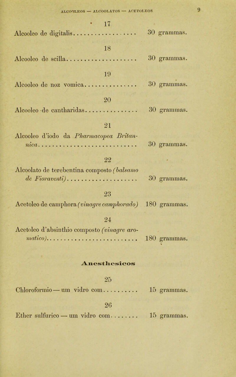 1) 17 Alcooleo de digitalis 30 18 Alcooleo de scilla 30 19 Alcooleo de noz vomica 30 20 Alcooleo de cantharidas 30 21 Alcooleo d’iodo da Pharmacojjea Britan- nica 30 22 Alcoolato de terebentina composto (halsamo de Fiovaventi) 30 23 Acetoleo de caniphora (vinagre camphorado) 180 24 Acetoleo d’absintbio composto (vinagre aro- mático) 180 -A-iiestlxesicos 25 Chloroformio—um vidro com 15 26 Etber sulfurico — um vidro com 15 grammas. grammas. grammas. grammas. grammas. grammas. grammas. grammas. grammas.