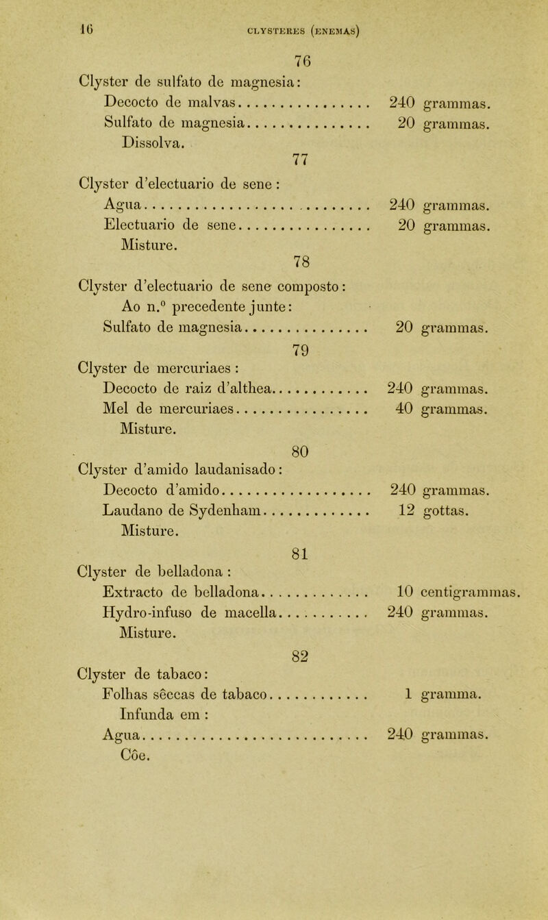 CLYSTERKS (kNISJIAs) IG 76 Clyster de sulfato de magnésia: Decocto de malvas Sulfato de magnésia Dissolva. 77 Clyster d’electuario de sene : Agua Electuario de sene Misture. 78 Clyster d’electuario de sene composto: Ao n.° precedente junte: Sulfato de magnésia 79 Clyster de mercuriaes : Decocto de raiz d’althea Mel de mercuriaes Misture. 80 Clyster d’amido laudanisado: Decocto d’amido Laudano de Sydenham Misture. 81 Clyster de belladona : Extracto de belladona Hydro-infuso de macella Misture. 82 Clyster de tabaco: Folhas sêccas de tabaco Infunda em : Coe. 240 grammas. 20 grammas. 240 grammas. 20 grammas. 20 grammas. 240 grammas. 40 grammas. 240 grammas. 12 gottas. 10 centigrammas. 240 grammas. 1 gramma.