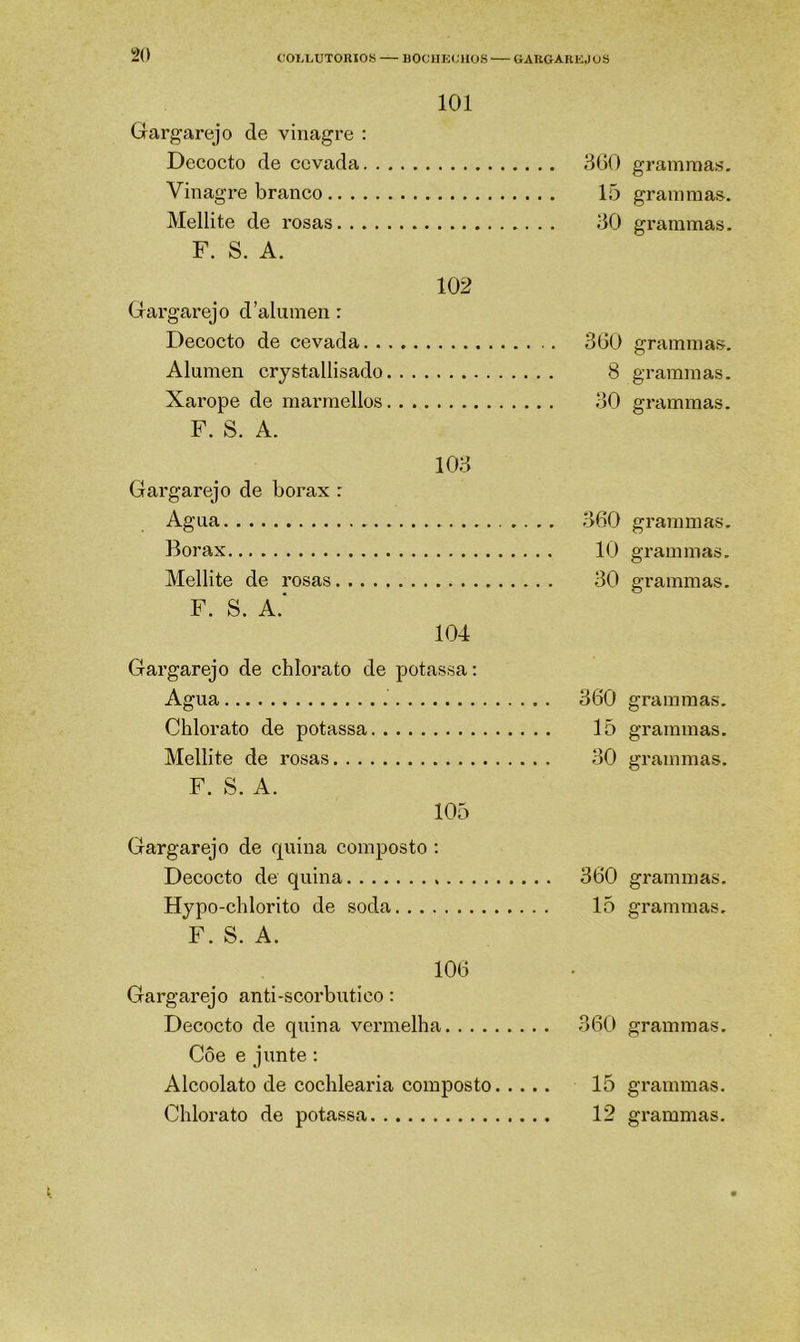 OOI.I.UTORIOS — BOCHKíJllOS GAKGAKKJOS 101 Gargarejo de vinagre : Decocto de cevada 3G0 Vinagre branco 15 Mellite de rosas 30 F. S. A. 102 Gargarejo d'alúmen: Decocto de cevada 3(30 Alúmen crystallisado 8 Xarope de marmellos 30 F. S. A. 103 Gargarejo de borax : Agua 360 Borax 10 Mellite de rosas 30 F. S. A.' 104 Gargarejo de chiorato de potassa: Agua 360 Chiorato de potassa 15 Mellite de rosas 30 F. S. A. 105 Gargarejo de quina composto ; Decocto de quina 360 Hypo-chlorito de soda 15 F. S. A. 106 Gargarejo anti-scorbutico: Decocto de quina vermelha 360 Coe e junte : Alcoolato de coehlearia composto 15 gramraas. gr animas, graramas. grammas, gramraas. grammas. graramas. grammas. grammas. graramas. grammas. grammas. grammas, grammas. grammas, grammas.