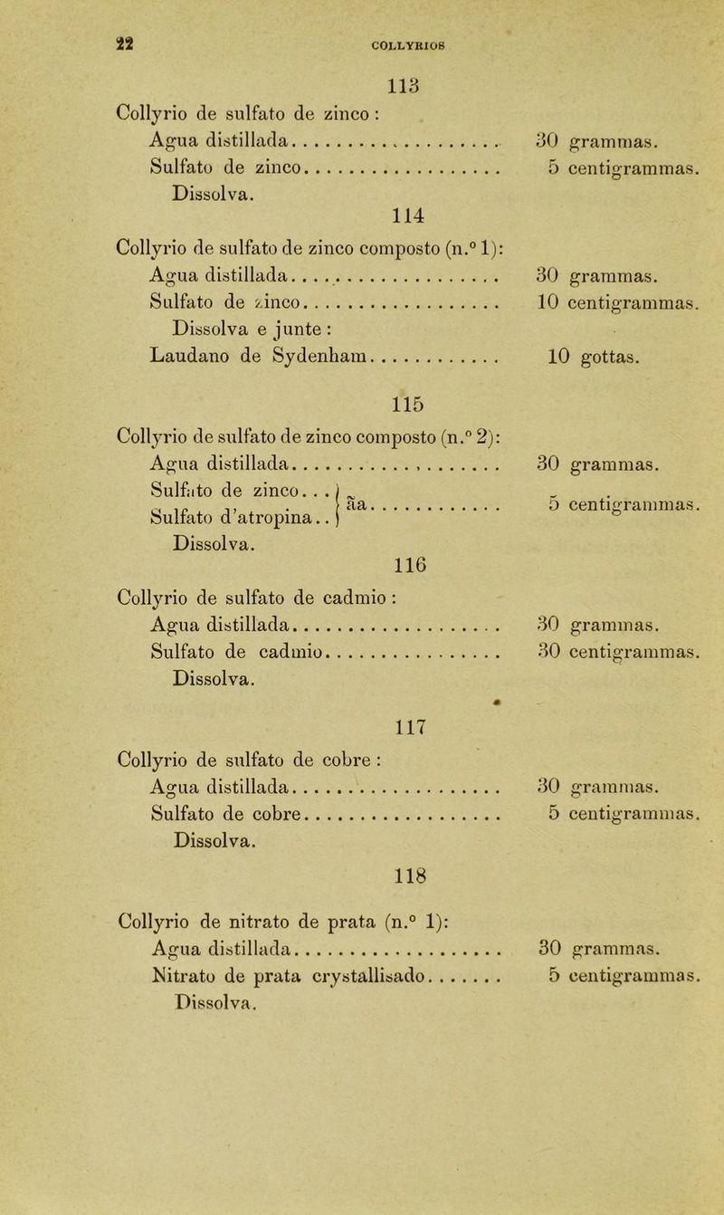 C0LLYKI08 113 Collyrio de sulfato de zinco : Aj^ua distillada Sulfato de zinco Dissolva. 114 Collyrio de sulfato de zinco composto (n.° 1): Agua distillada....... Sulfato de zinco Dissolva e junte: Laudano de Sydenham 115 Collyrio de sulfato de zinco composto (n. 2): Agua distillada Sulfito de zinco. • . | ^ Sulfato d'atropina..) Dissolva. 116 Collyrio de sulfato de cádmio; Agua distillada Sulfato de cádmio Dissolva. 117 Collyrio de sulfato de cobre : Agua distillada Sulfato de cobre Dissolva. 118 Collyrio de nitrato de prata (n.° 1): Agua distillada Kitrato de prata crystallisado. . Dissolva. 30 grammas. 5 centigrammas. 30 grammas. 10 centigrammas. 10 gottas. 30 grammas. õ centigrammas. 30 grammas. 30 centigrammas. 30 grammas. 5 centigrammas. 30 grammas. 5 centigraininas.