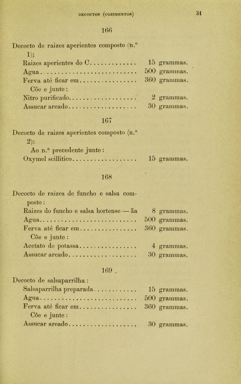1H6 Decocto de raizes aperientes composto (n.° 1): Raizes aperientes do C lõ Agua ÕOO Ferva até ficar em 360 Côe e junte; Nitro purificado 2 Assucar areado 30 167 Decocto de raizes aperientes composto (n.° 2): Ao n.° precedente Junte: Oxymel scillitico 15 168 Decocto de raizes de funcho e salsa com- posto : Raizes do funcho e salsa hortense — ãa 8 Agua ÕOO Ferva até ficar em 360 Côe e junte : Acetato de potassa 4 Assucar areado 30 169 . Decocto de salsaparrilha: Salsaparrilha preparada 15 Agua 500 Ferva até ficar em 360 Côe e junte: Assucar areado 30 grammas. grammas. grammas. grammas. grammas. grammas. grammas. grammas. grammas. grammas. grammas. grammas. grammas. grammas. grammas.