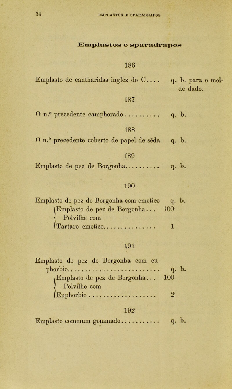 £]inpla,stos o spavadrapos 186 Emplasto de cantharidas inglez do C... . q. b. para o mol- de dado. 187 O n.® precedente camphorado q, b, 188 O n.° precedente coberto de papel de seda q. b. 189 Emplasto de pez de Borgonha q. b. 190 Emplasto de pez de Borgonha com emetico q. b. ! Emplasto de pez de Borgonha.. . 100 Polvilhe com Tartaro emetico 1 191 Emplasto de pez de Borgonha com eu- phorbio q. b. IEmplasto de pez de Borgonha.. . 100 Polvilhe com Euphorbio 2 192 Emplasto commum gommado q. b.