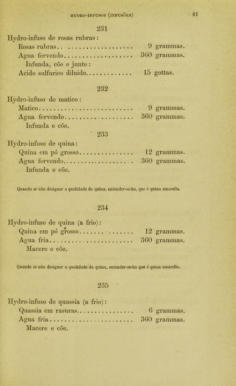 231 Hydro-infuso de rosas rubi’as : Rosas rubras 9 grammas. Agua fervendo 360 grammas. Infunda, coe e junte : Acido sulfurico diluido 15 gottas. 232 Hjdro-infuso de matico: Matico Agua fervendo Infunda e côe. • 233 Hydro-infuso de quina: Quina em pó grosso Agua fervendo Infunda e côe. 9 grammas. 3GO grammas. 12 grammas. 360 grammas. Quando se não designar a qualidade da quin.i, entender-se-ha, que é quina amarella. 234 Hydro-infuso de quina (a frio): Quina em pó grosso Agua fria Macere e côe. Quando se não designar a qualidade da quina, entender-se-ha que é quina amarella. 12 grammas. 360 grammas. 235 Hydro-infuso de quassia (a frio): Quassia em rasuras 6 grammas. Agua fria 360 grammas. Macere e côe.