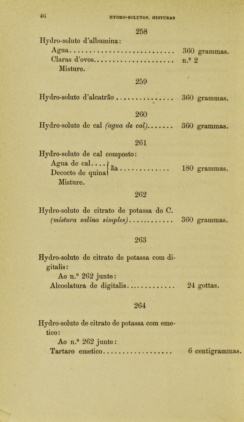 40 258 Hydro-soluto d’albumina: Agua CIai’as d’ovos Misture. 259 Hydro-soluto d'alcatrão 260 Hydro-soluto de cal (agua de cal) 261 Hydro-soluto de cal composto: Agua de cal.... Decocto de quina Misture. aa 262 Hydro-soluto de citrato de potassa do C. Cmistura salina simples) 263 Hydro-soluto de citrato de potassa com di- gitalis: Ao n.° 262 junte: Alcoolatura de digitalis 264 Hydro-soluto de citrato de potassa com eme- tico: Ao n.® 262 junte: Tartaro emetico 360 grammas. n.° 2 360 grammas. 360 grammas. 180 grammas. 360 grammas. 24 gottas. 6 centigrammas.