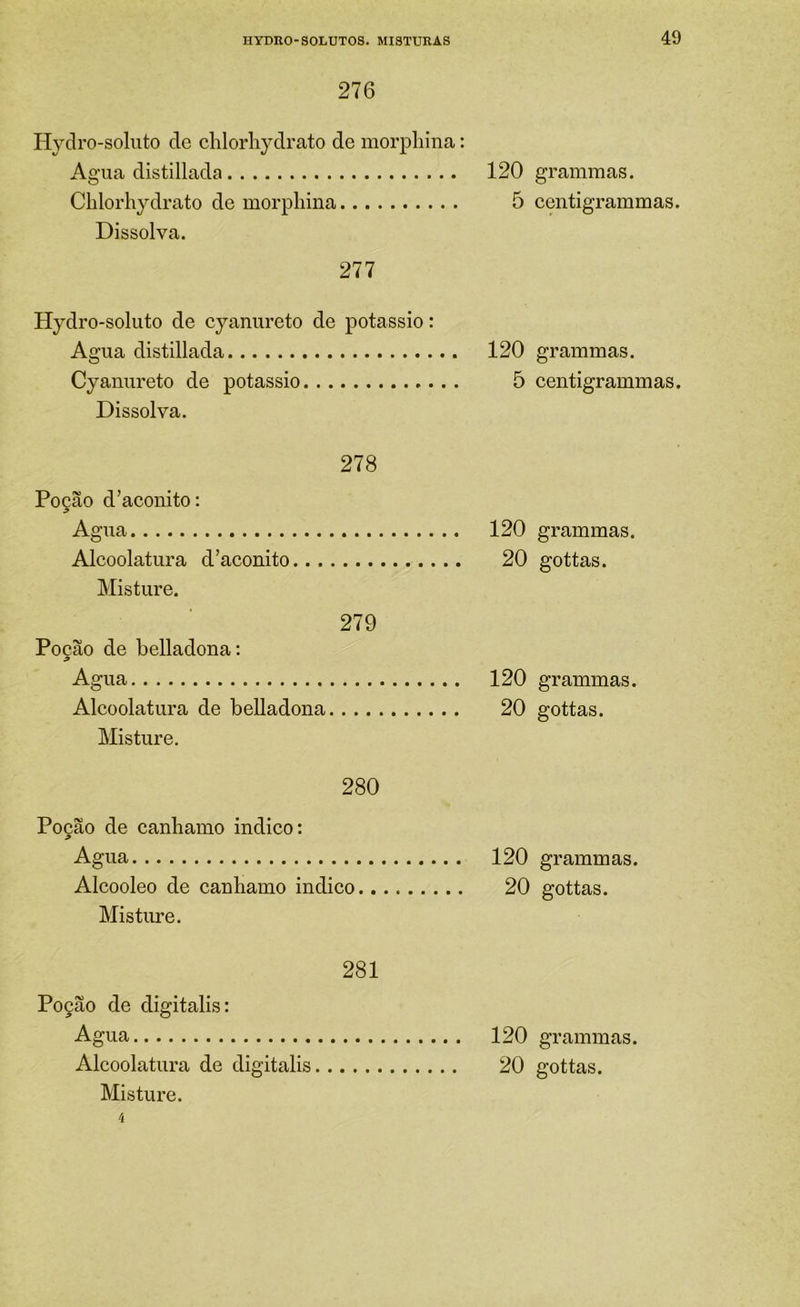 276 Hydro-soluto de chlorliydrato de morpliina: Agua distillada Chlorliydrato de morphina Dissolva. 277 Hydro-soluto de cyanureto de potássio: Agua distillada Cyanureto de potássio Dissolva. 278 Poção d’aconito: Agua Alcoolatura d’aconito Misture. 279 Poção de belladona: Agua Alcoolatura de belladona.. .. Misture. 280 Poção de canhamo indico: Agua Alcooleo de canhamo indico.. Misture. 281 Poção de digitalis: Agua Alcoolatura de digitalis Misture. 120 grammas. 5 centigrammas. 120 grammas. 5 centigrammas. 120 grammas. 20 gottas. 120 grammas. 20 gottas. 120 grammas. 20 gottas. 120 grammas. 20 gottas.
