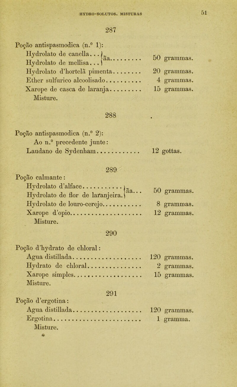 287 Poçao antispasmodica (n.° 1): Hydrolato de canclla. • . | ^ Hydrolato de mellisa...) Hydrolato d’hortelà pimenta. Etlier sulfurico alcoolisado... Xarope de casca de laranja.. Mistiu’e. 50 grammas. 20 grammas. 4 grammas, 15 grammas. 288 Poção antispasmodica (n.° 2); Ao n.° precedente junte: Laudano de Sydenham 12 gottas. 289 Poção calmante: Hydrolato d’alface i*olato de flor de laranjeira. Hydrolato de louro-cerejo 8 grammas. Xarope d’opio. 12 grammas. Misture. 290 ãa... 50 grammas. Poção d’hydrato de clfloral: Agua distillada Hydrato de chloral Xarope simples. Misture. 291 Poção d’ergotina: Agua distillada IMisture. * 120 grammas. 2 grammas. 15 grammas. 120 grammas.