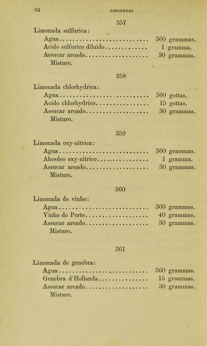 CA LIMONADAS 357 Limonada sulfurica: Agua Acido sulfurico diluido Assucar areado Misture. 358 Limonada chlorhydrica: Agua Acido chlorliydrico Assucar areado Misture. 359 Limonada oxy-nitrica: Agua Alcooleo oxy-nitrico Assucar areado Misture. 360 Limonada de vinho: Agua Vinho do Porto Assucar areado Misture. 360 1 30 360 15 30 360 1 30 360 40 30 361 Limonada de genebra: Agua 360 Genebra d’Hollanda 15 Assucar areado 30 Misture. grammas. gramma. grammas. gottas. gottas. grammas. grammas. gramma. grammas. grammas. grammas. grammas. grammas. grammas.