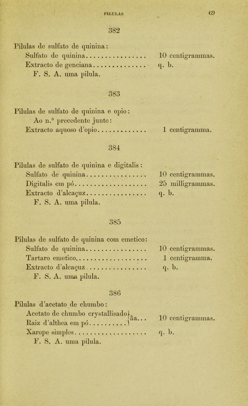 382 Pilulas (Ic sulfato de quinina: Sulfato de quinina Extracto de genciana.... F. S. A. uma pilula. ooo Pilulas de sulfato de quinina e opio: Ao n.° precedente junte: Extracto aquoso d’opio tó) 10 centigrammas. q. h. 1 centigramnia. 384 Pilulas de sulfato de quinina e digitalis : Sulfato de quinina Digitalis eni pó Extracto d’alcacuz F. S. A. uma pilula. 10 centigrammas. 2õ milligrammas. q. b. 385 Pilulas de sulfato de quinina com einetico: Sulfato de quinina Tartaro emetico Extracto d'alcaçuz F. S. A. unaa pilula. 10 centigrammas. 1 centigramma. q. b. 38G Pilulas d’acetato de chumbo: Acetato de chumbo crystallisado Raiz d’althea em pó ) F. S. A. uma pilula. 10 centigrammas.