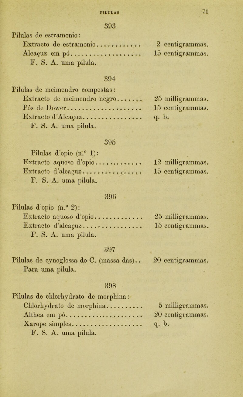 393 Pilulas dc estramonio: Extracto de estramonio Alcaçuz em pó F. S. A. uma pilula. 394 Pilulas de meimendro compostas: Extracto de meimendro negro Pós de Dower Extracto d’Alcaçuz F. S. A. uma pilula. 395 Pilulas d’opio (n'.° 1): Extracto aquoso d’opio. Extracto d’alcacuz F. S. A. uma pilula. 396 Pilulas d’opio (n,® 2): Extracto aquoso d’opio Extracto d'alcaçuz F. S. A. uma pilula. 397 Pilulas de cynoglossa do C. (massa das).. Para uma pilula. 398 Pilulas de clilorhydrato de morphina: Chlorhydrato de morpliina Althea em pó F. S. A. uma pilula. 2 centigrammas. 15 centigrammas. 25 milligrammas. 15 centigrammas. q. b. 12 milligrammas. 15 centigrammas. 25 milligrammas. 15 centigrammas. 20 centigrammas. 5 milligrammas. 20 centigrammas.