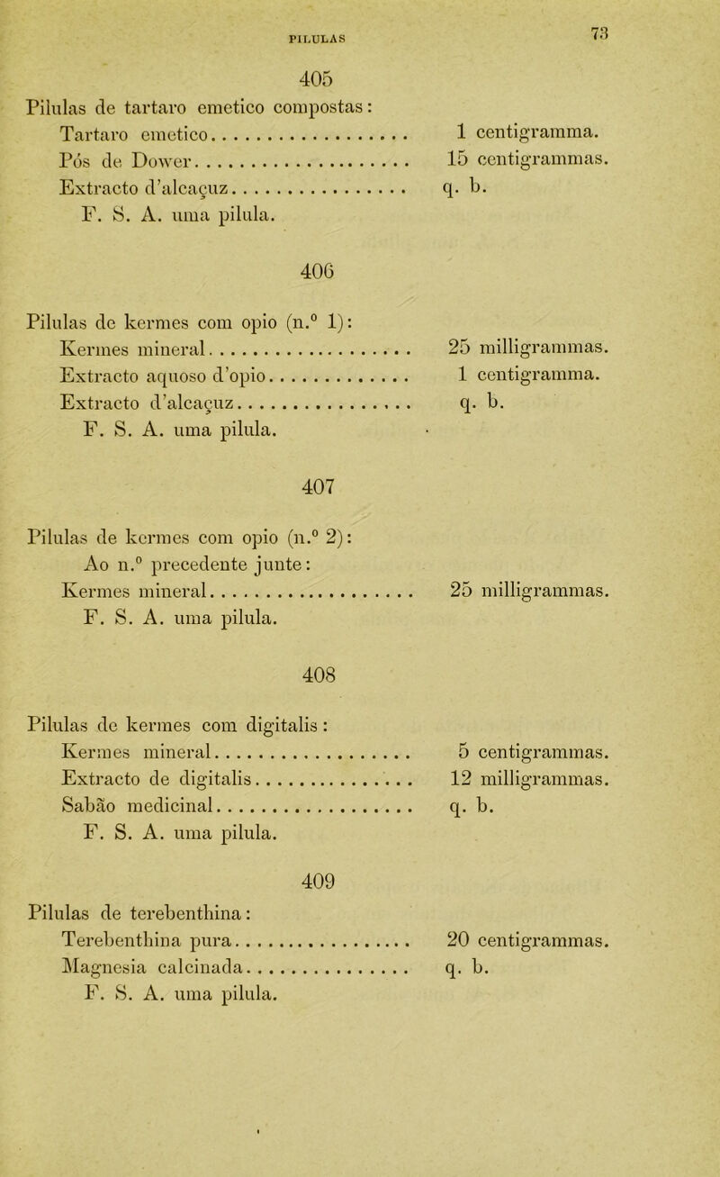 PII.ULAS 405 Pilulas de tartaro emetico compostas: Tartaro emetico Pós de Dcvver Extracto d’alcaçuz E. S. A. uma pilula. 40G Pilulas de kermes com opio (n.° 1): Kermes mineral Extracto aquoso d’opio Extracto d’alcacuz F. S. A. uma pilula. 1 centigrarama. 15 centigrammas. q. b. 25 milligrammas. 1 centigramma. q. b. 407 Pilulas de kermes com opio (n.“ 2): Ao n.” precedente junte: Kermes mineral 25 milligrammas, F. S. A. uma pilula. 408 Pilulas de kermes com digitalis: Kermes mineral 5 centigrammas. Extracto de digitalis 12 milligrammas. Sabão medicinal q. b, F, S. A. uma pilula. 409 Pilulas de terebenthina: Terebentliina pura 20 centigrammas. Magnésia calcinada q. b, F. S. A. uma pilula.